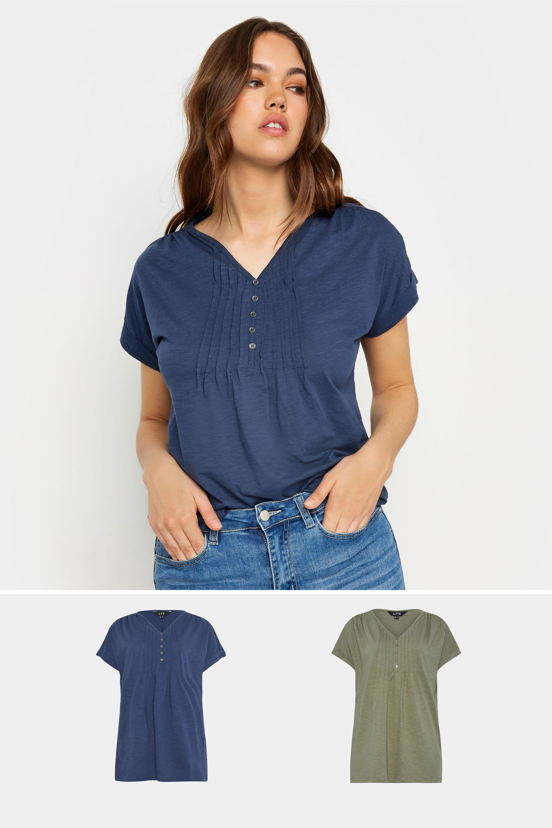 LTS 2 PACK Tall Women's Navy Blue & Khaki Green Cotton Henley T-Shirts | Long Tall Sally 1