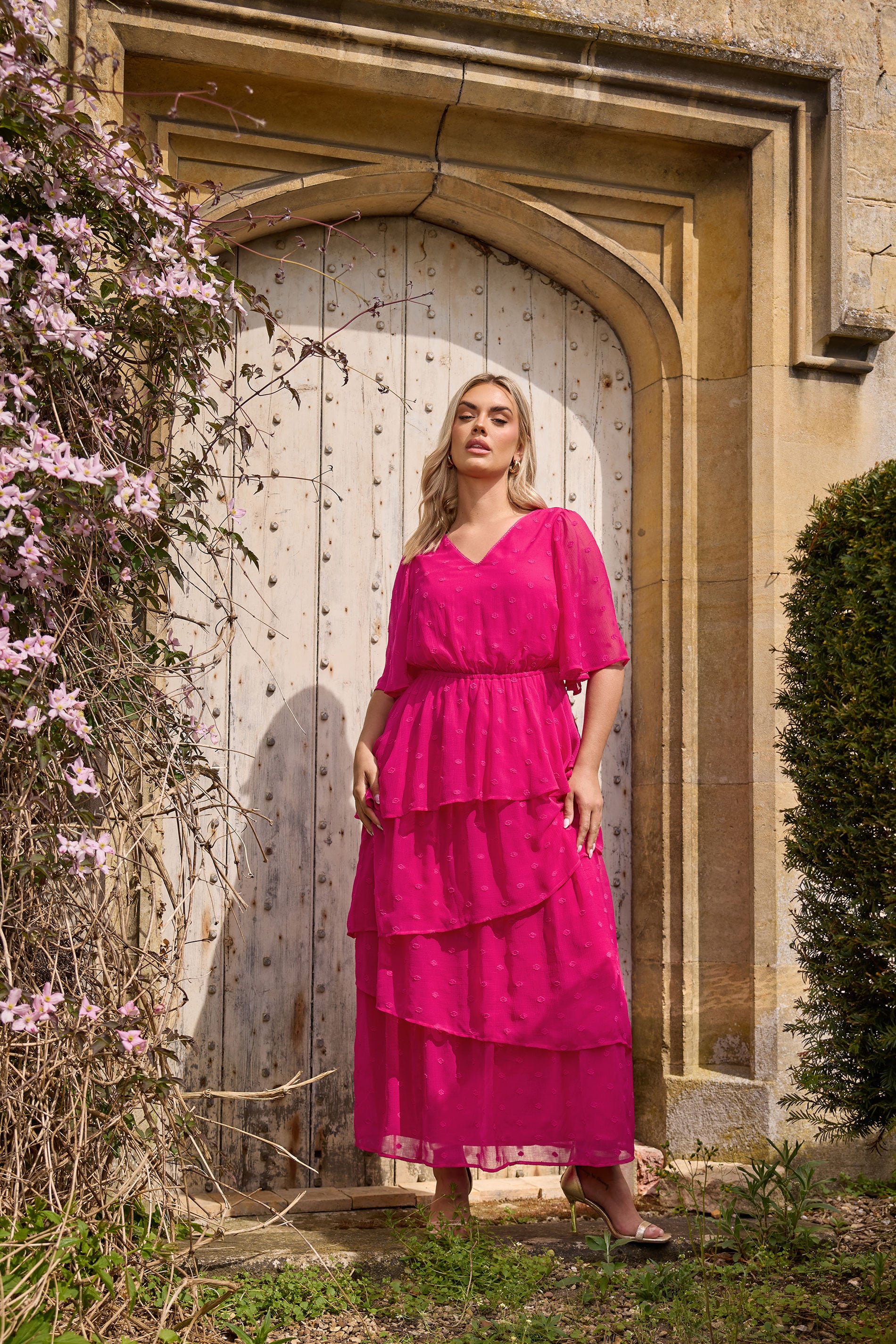 YOURS Plus Size Bright Pink Dobby Frill Maxi Dress | Yours Clothing 1
