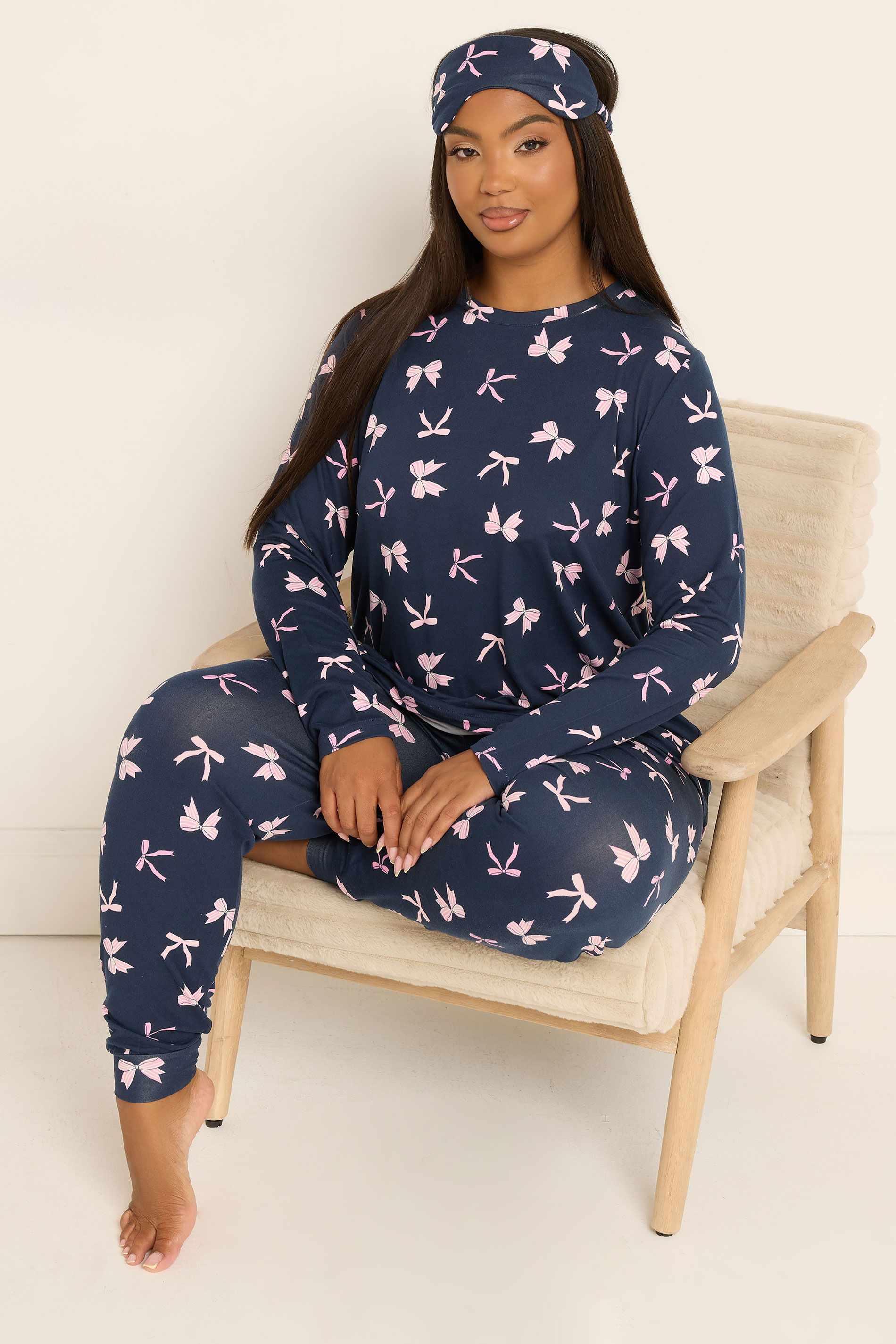 YOURS Plus Size Set Navy Blue Bow Soft Touch Pyjama & Eye Mask | Yours Clothing 1