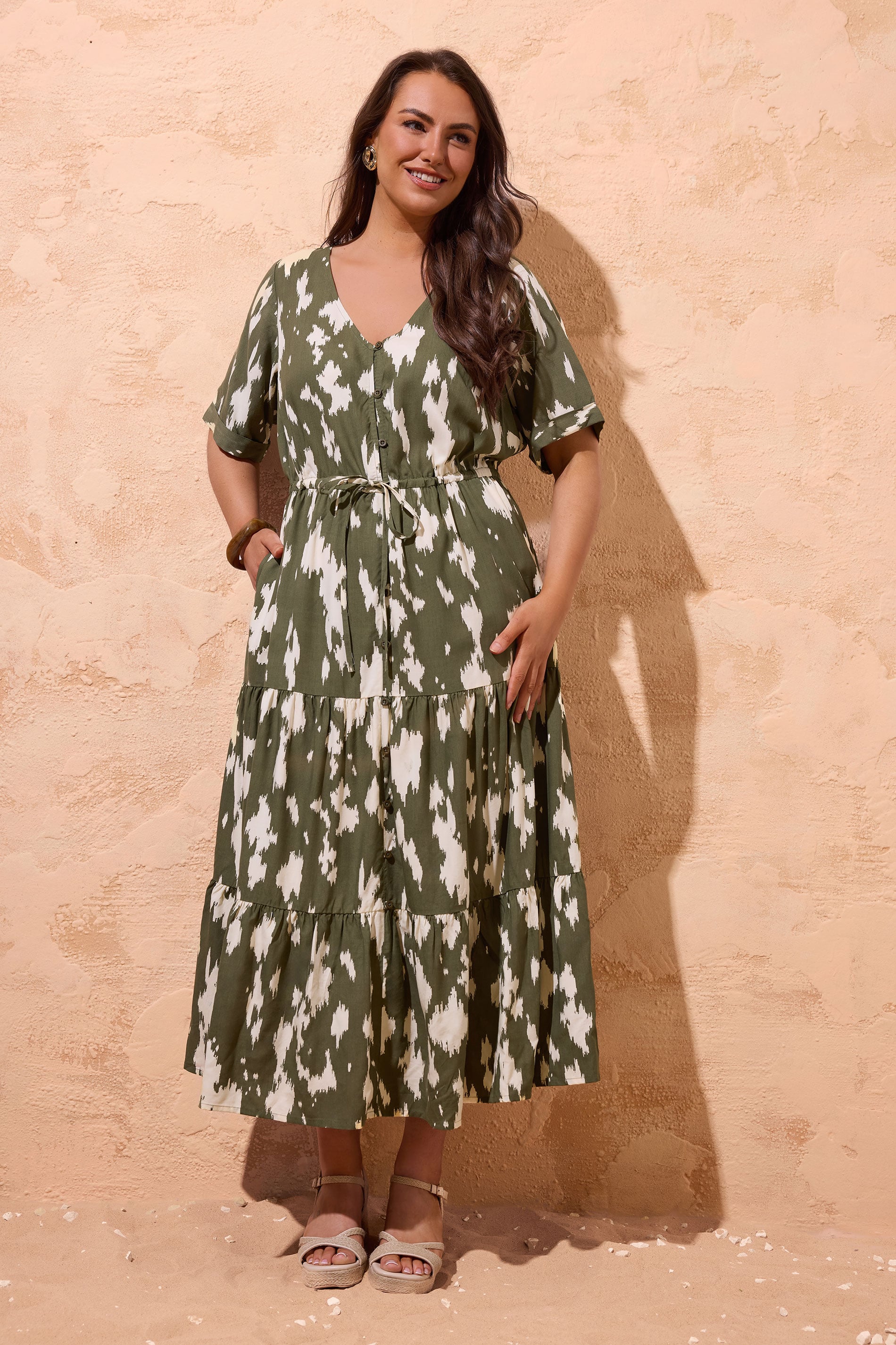 Evans Women's Green Plus Khaki Abstract Placket Dress Size 20