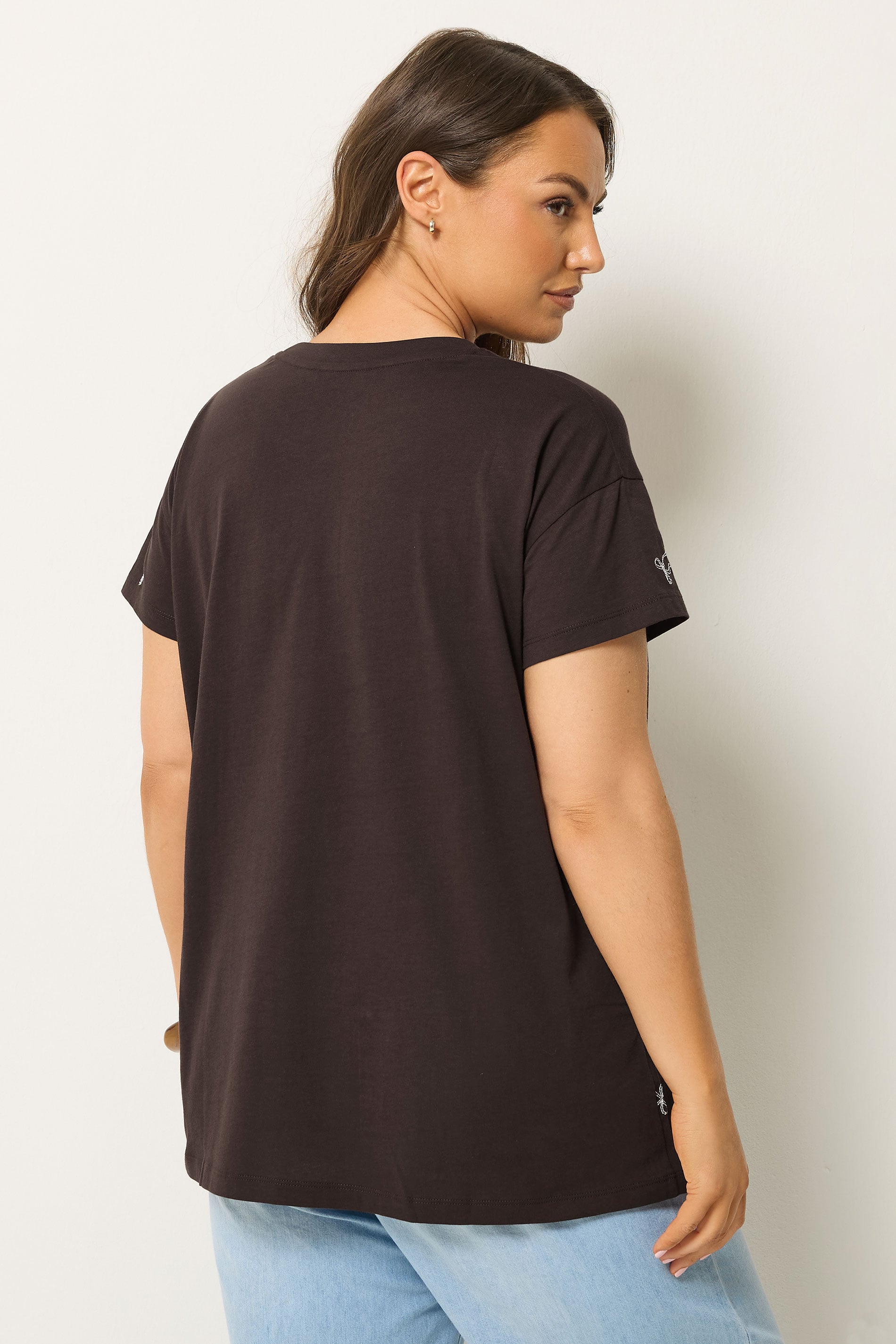 YOURS Plus Size Chocolate Brown Embroidered Bow T-Shirt | Yours Clothing 2