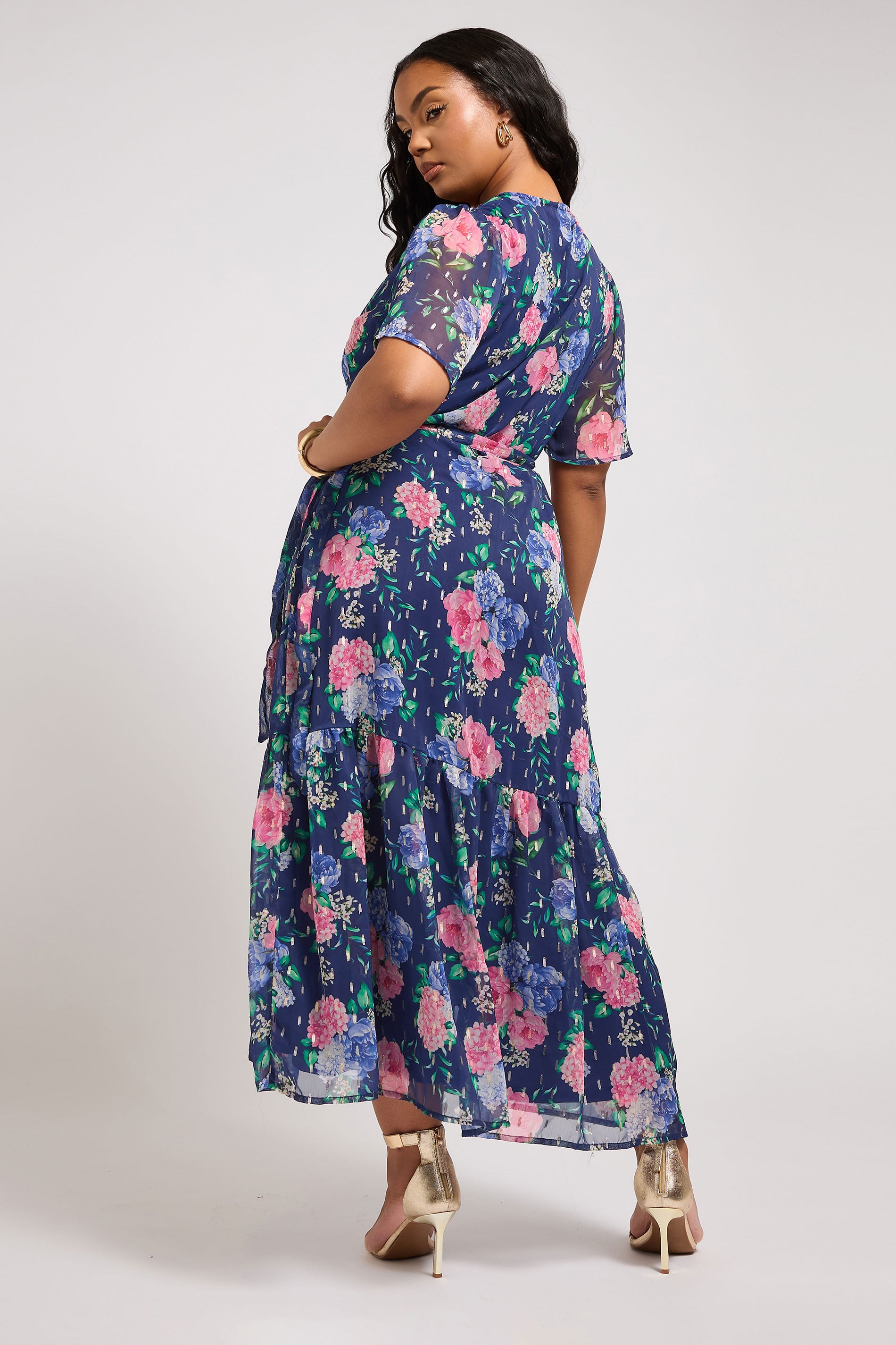 YOURS LONDON Plus Size Navy Blue Floral Metallic Wrap Dress | Yours Clothing 4