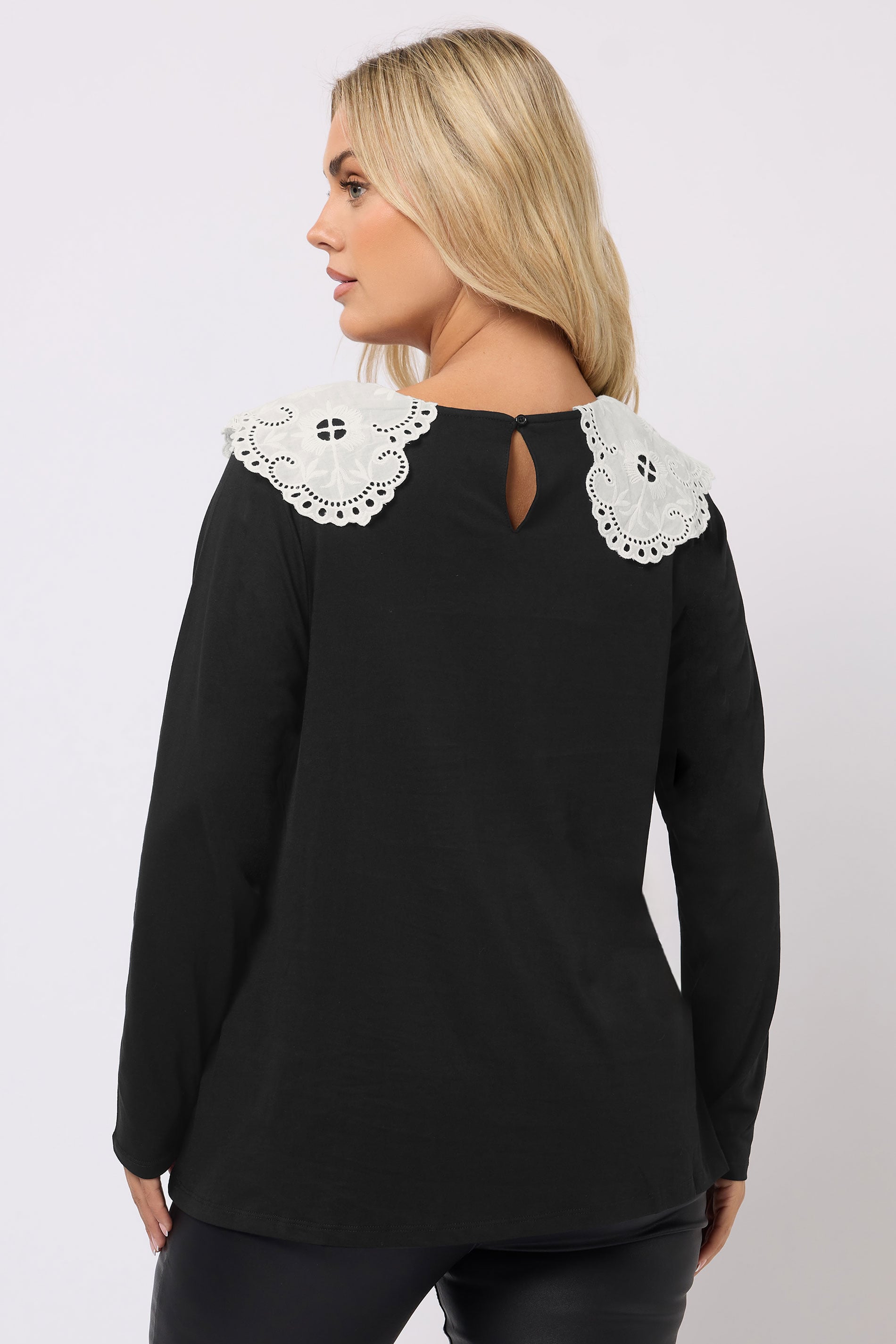 YOURS Plus Size Black Broderie Anglaise Oversized Collar Top | Yours Clothing 4