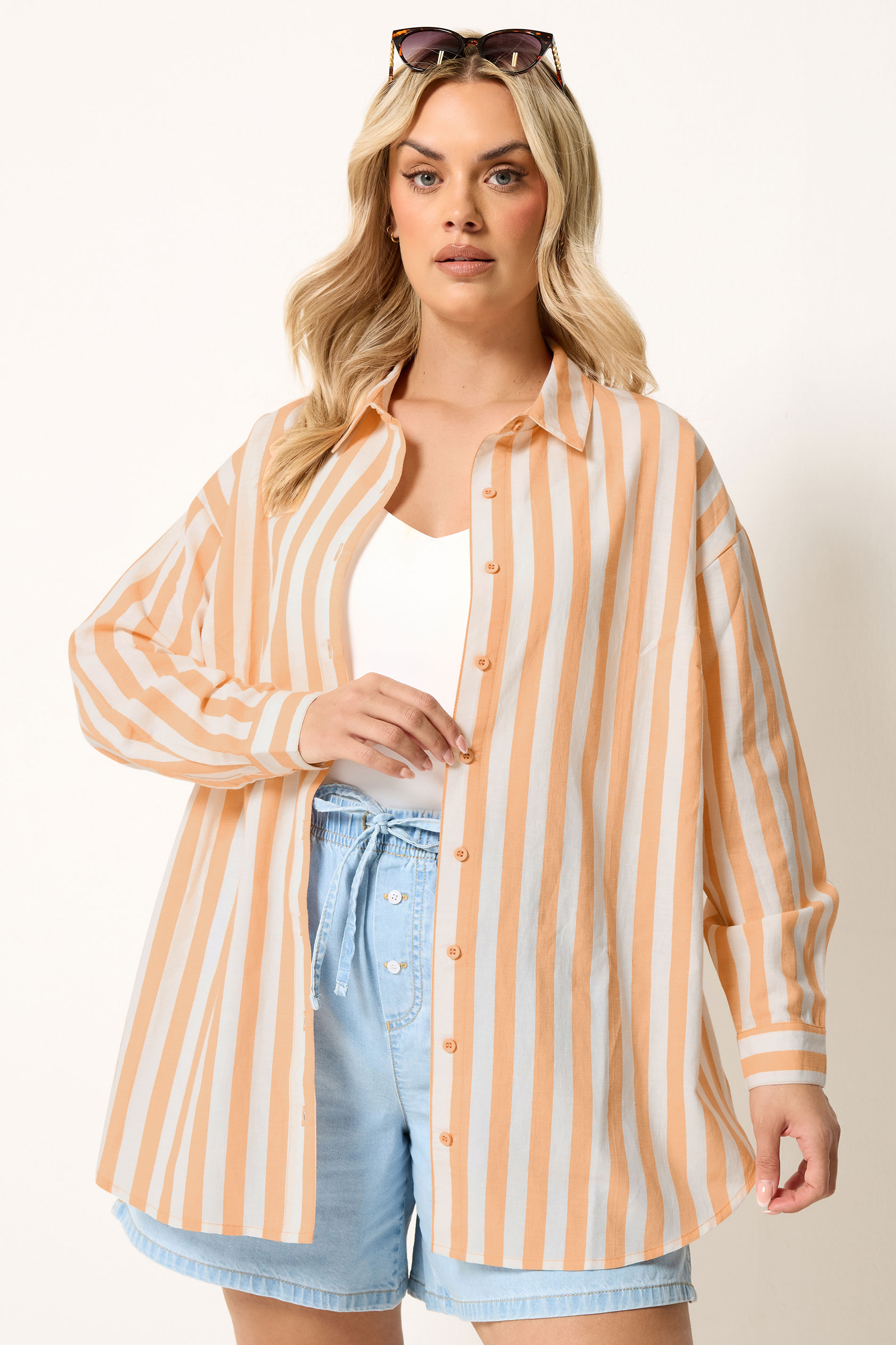 YOURS Plus Size Orange Stripe Linen Long Sleeve Shirt | Yours Clothing 1