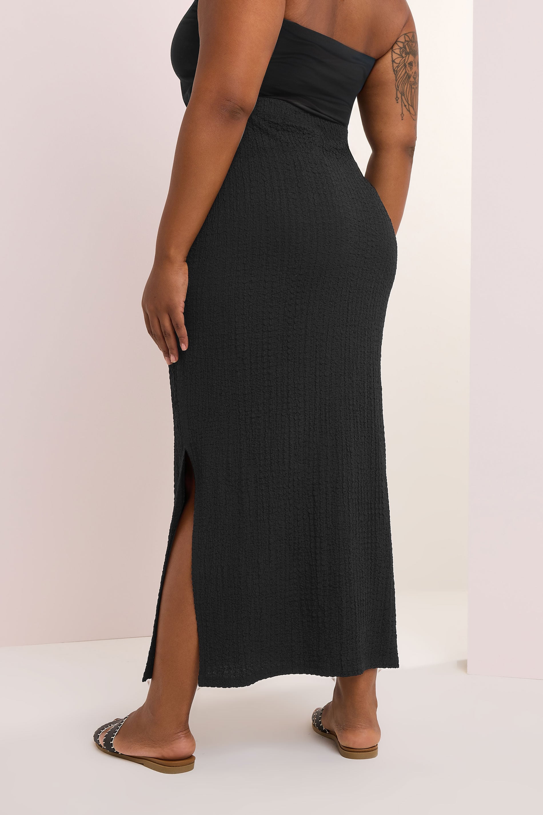 YOURS Plus Size Black Textured Side Split Maxi Skirt | Yours Clothing 5