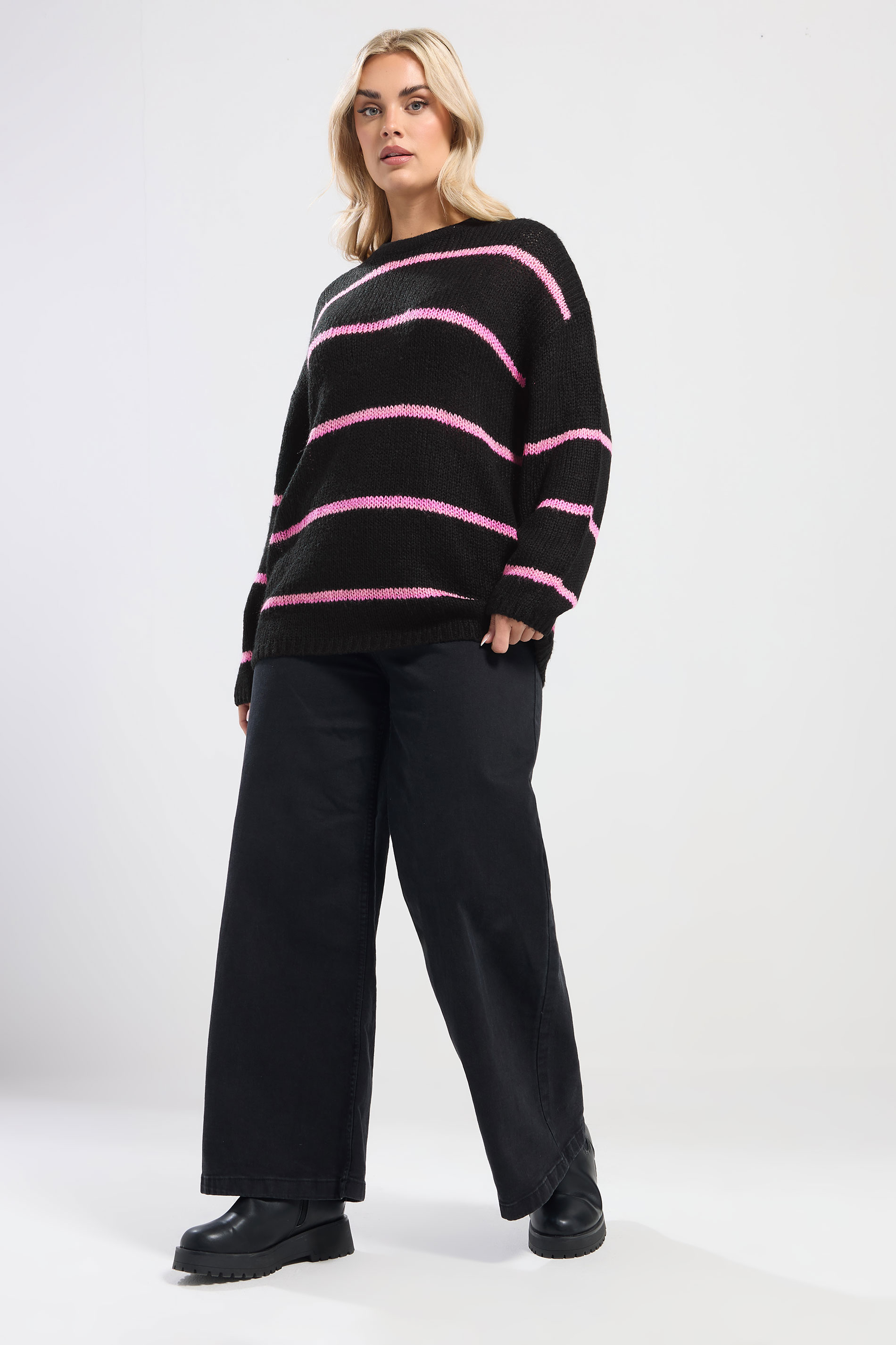 YOURS Plus Size Black & Pink Stripe Soft Touch Knitted Jumper | Yours Clothing 1
