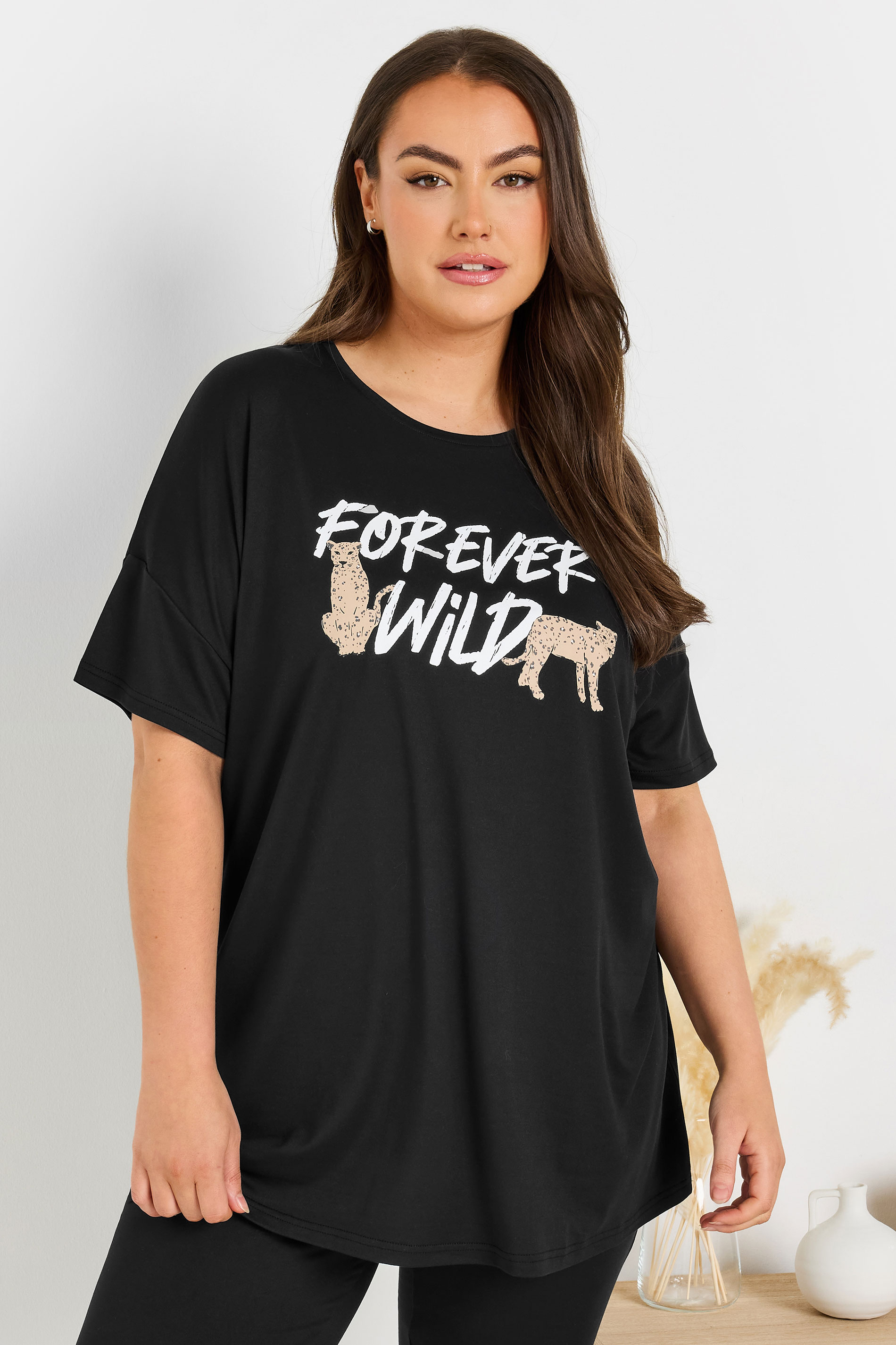 YOURS Plus Size Black 'Forever Wild' Soft Touch Pyjama Top | Yours Clothing 4