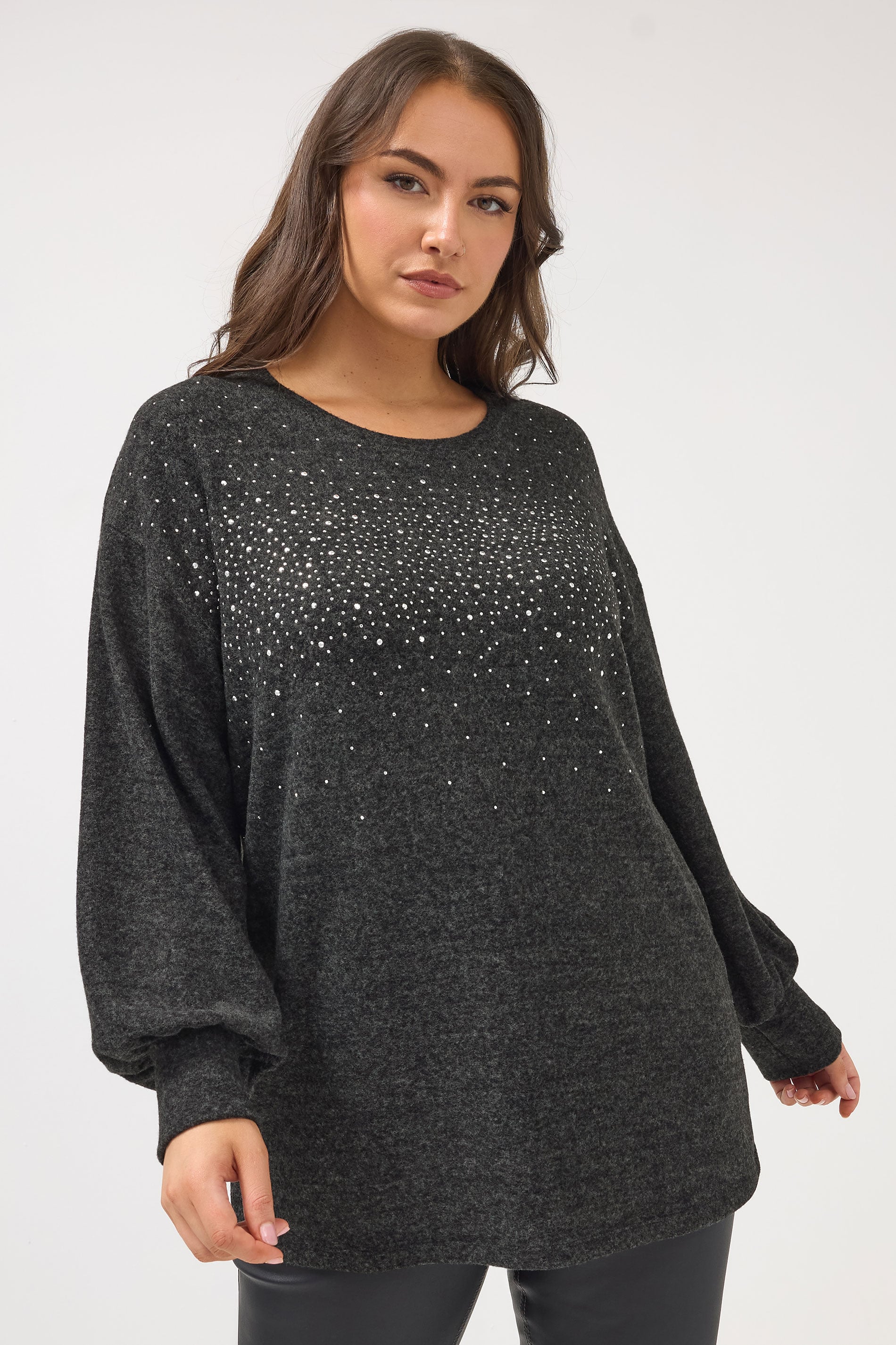 YOURS Plus Size Charcoal Grey Studded Jumper | Yours Clothing 3