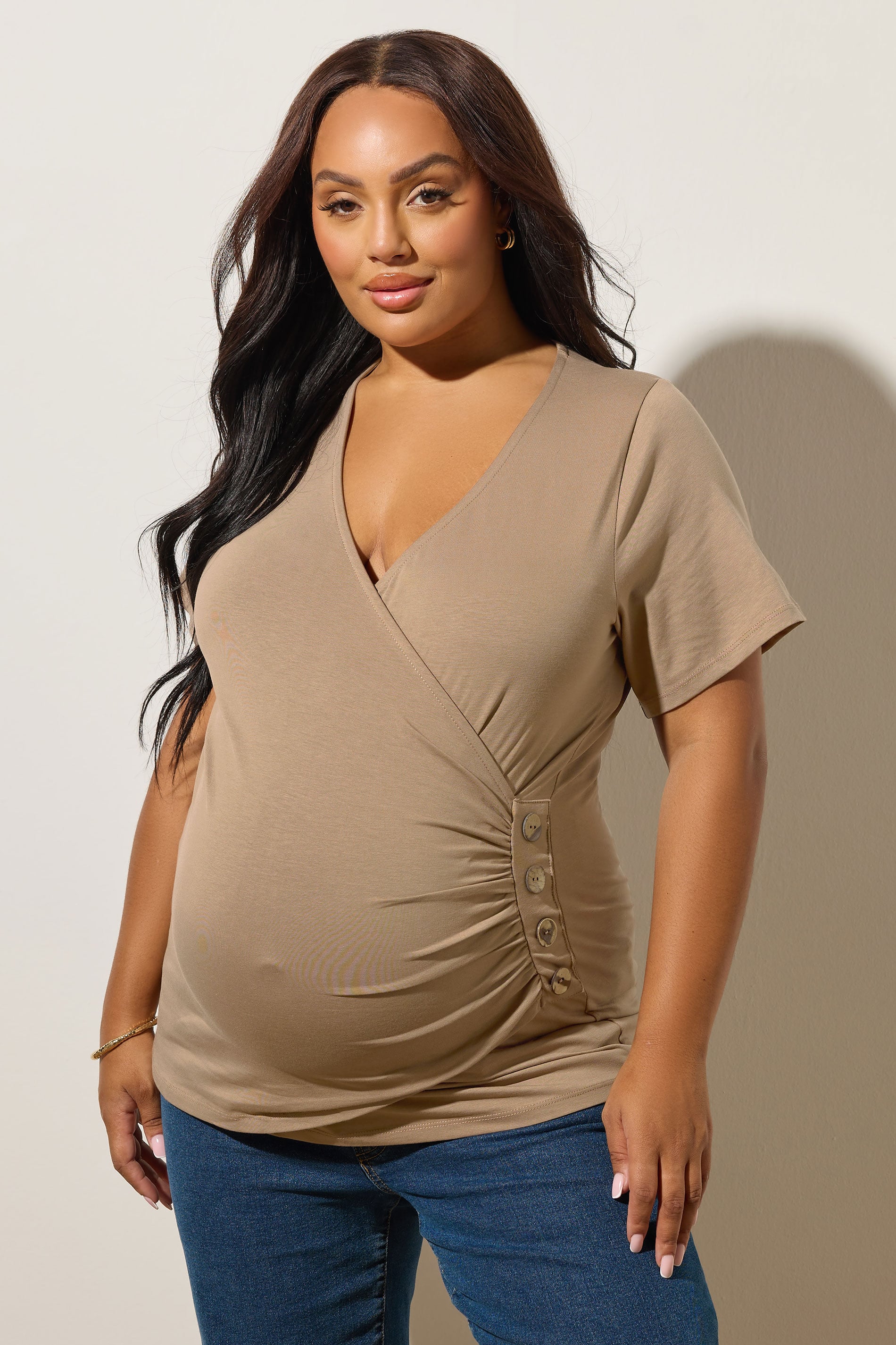 BUMP IT UP Plus Size Brown Button Detail Wrap Top | Yours Clothing 3