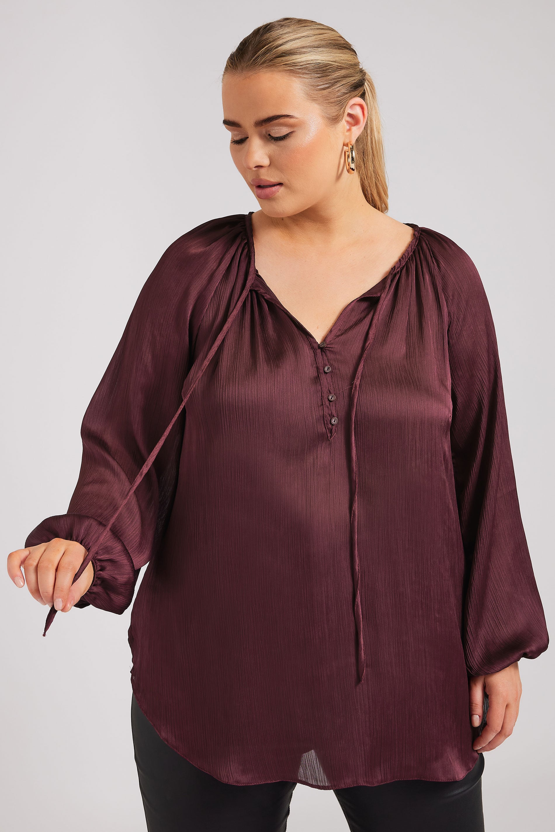 YOURS Plus Size Burgundy Red Tie Neck Blouse | Yours Clothing  1