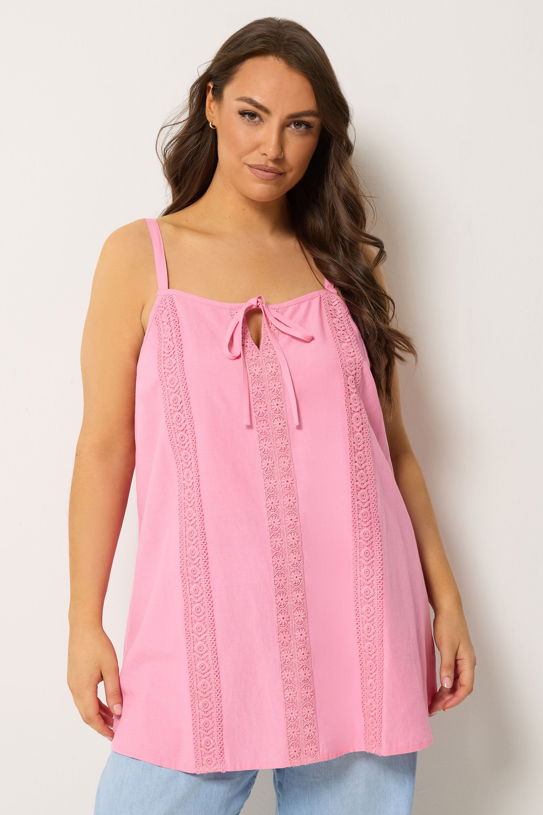 YOURS Plus Size Pink Crochet Linen Cami Vest Top | Yours Clothing 3