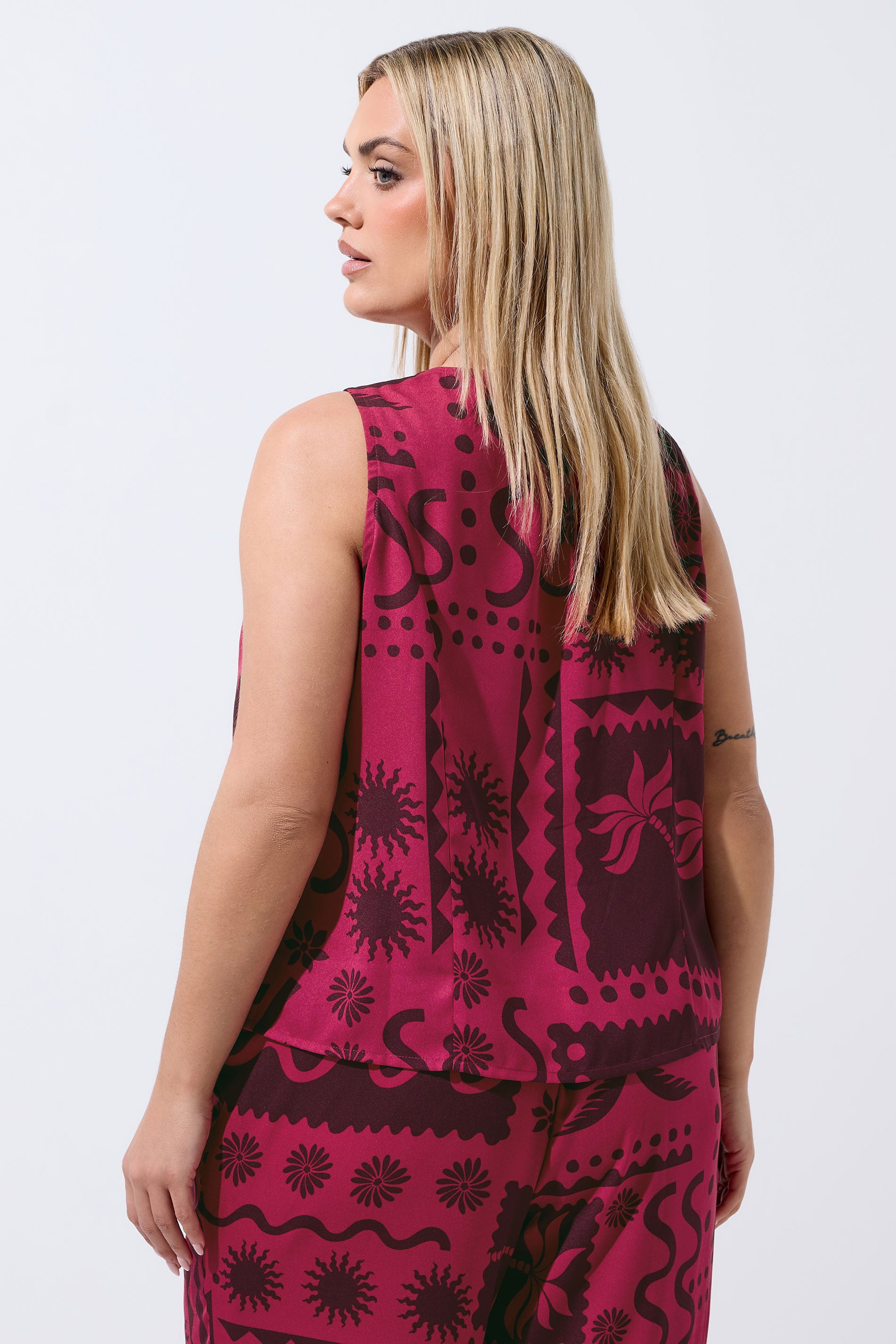LIMITED COLLECTION Plus Size Berry Red Summer Print Waistcoat | Yours Clothing 2