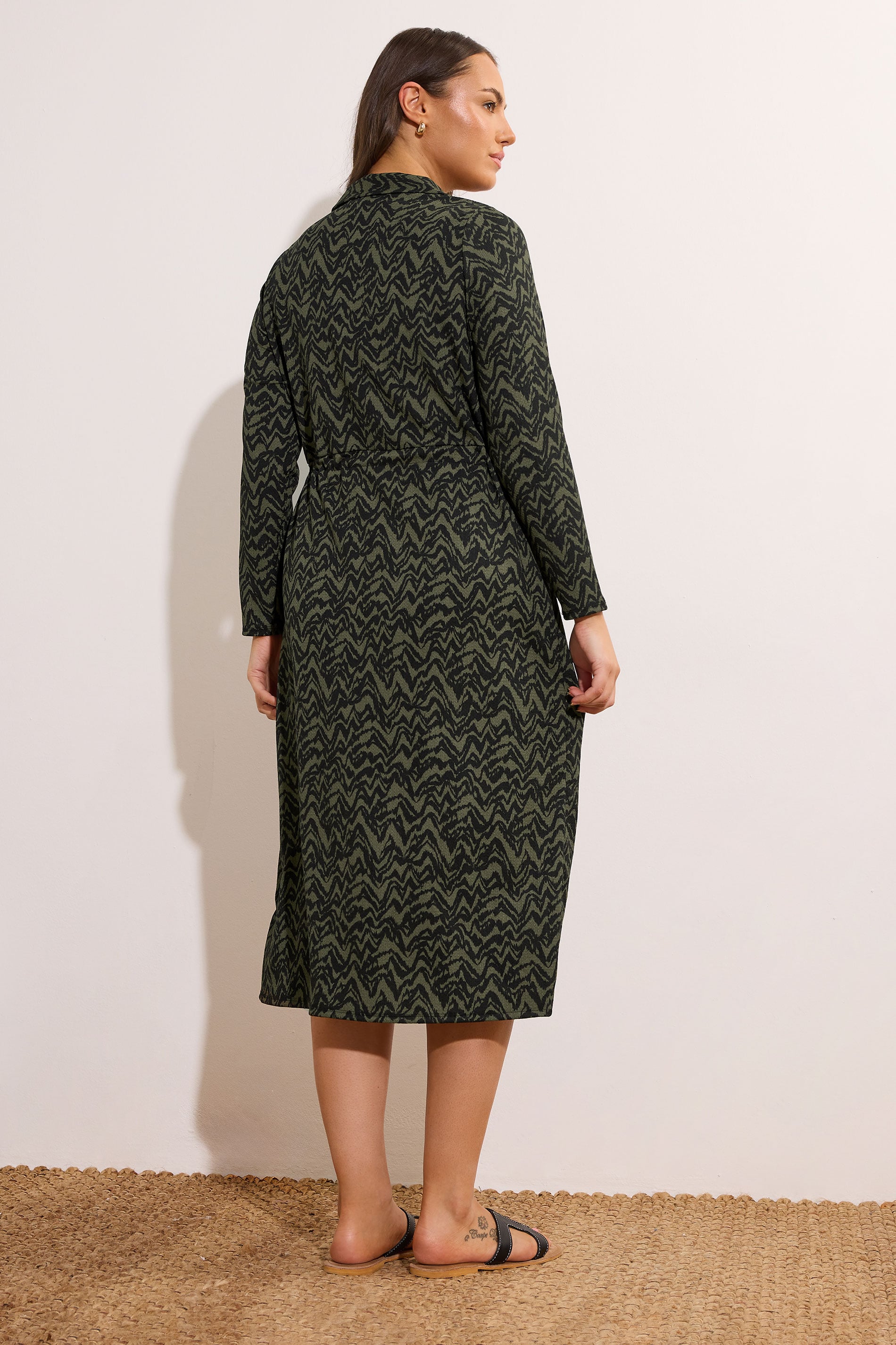 EVANS Plus Size Khaki Green Abstract Print Crepe Midi Shirt Dress | Evans 2