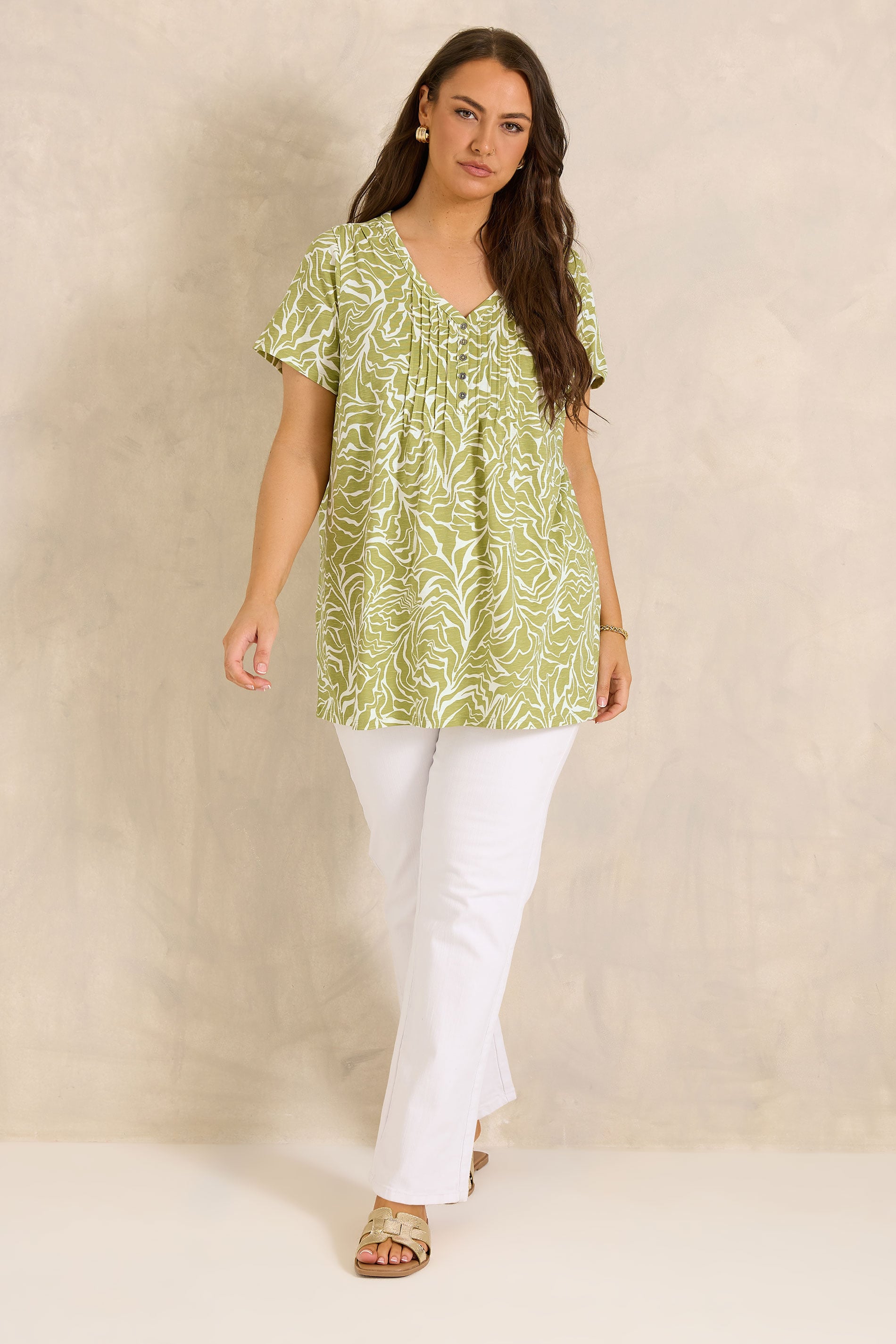 Evans Women's Green Plus Abstract Print Cotton Henley Top Size 18
