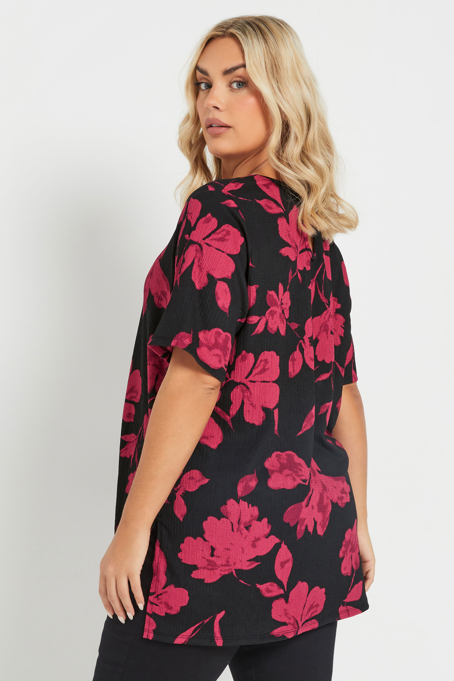 YOURS Plus Size Black Floral Print Textured Top | Yours Clothing 2