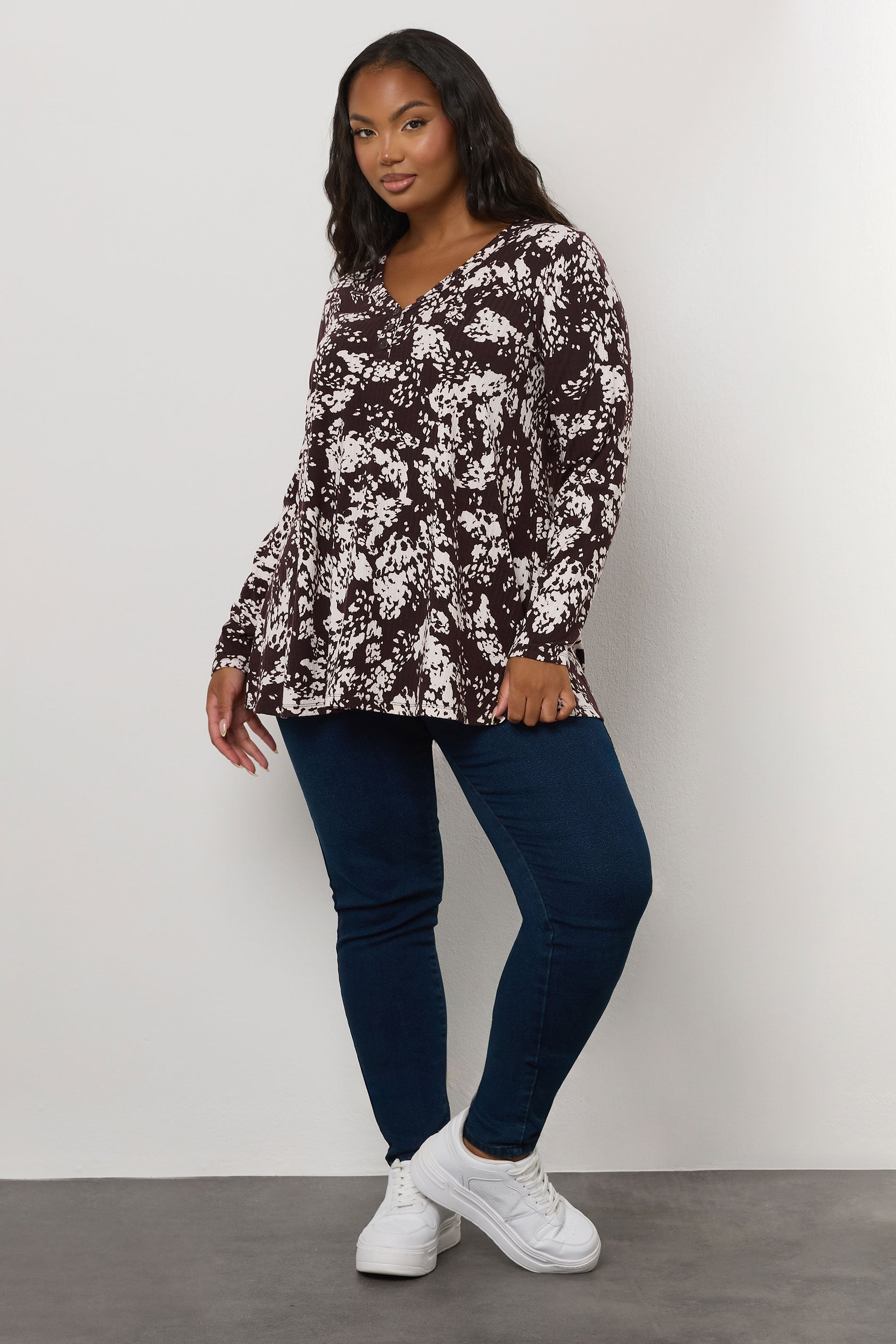 YOURS Plus Size Chocolate Brown Abstract Print Ribbed Henley Top | Yours Clothing 1