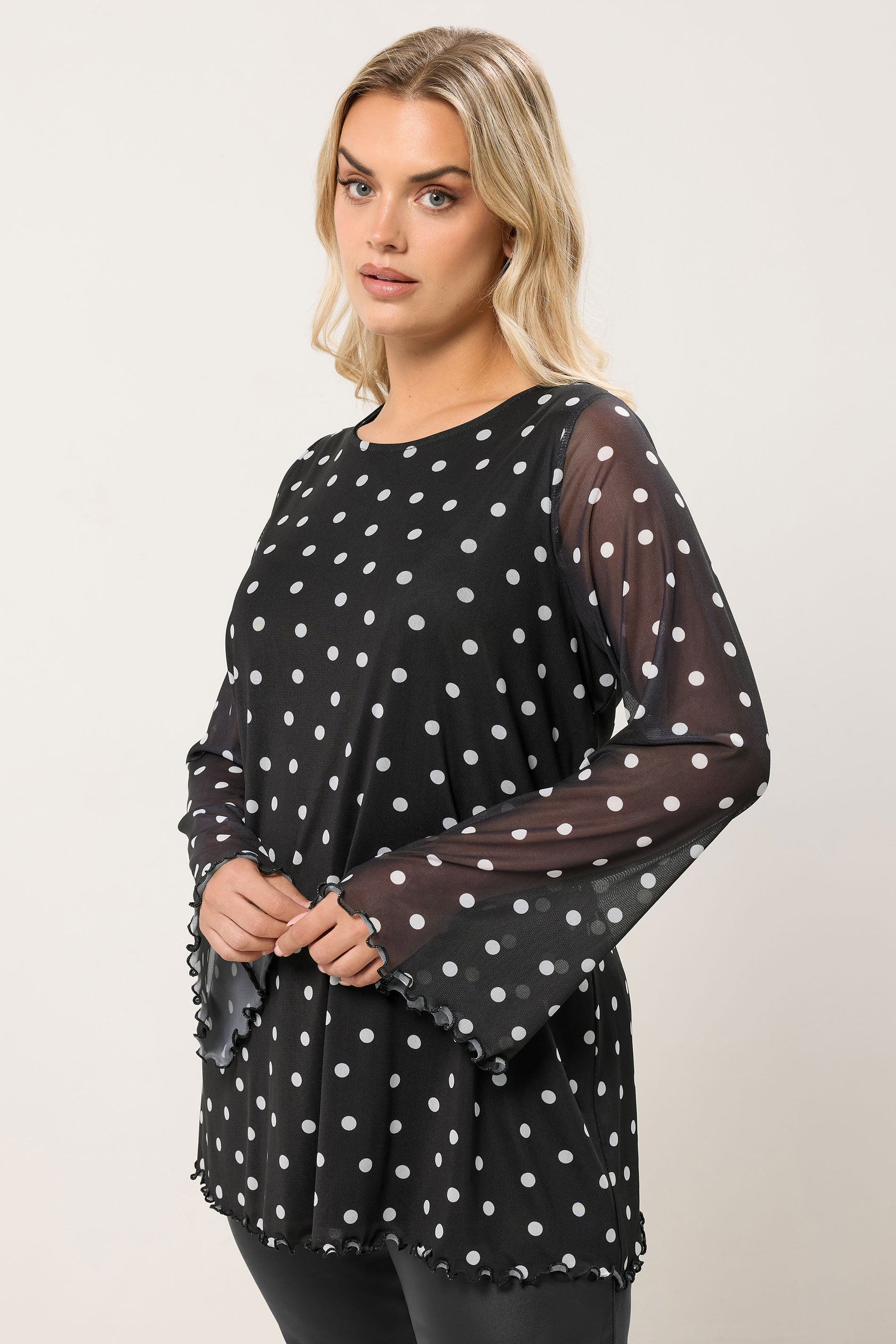 YOURS Plus Size Black Polka Dot Mesh Swing Top | Yours Clothing 3