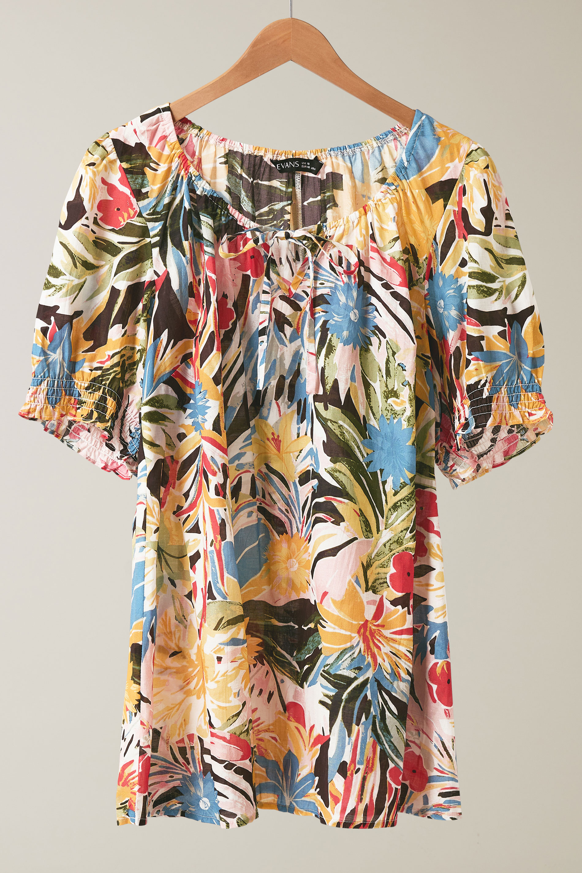 EVANS Plus Size Blue & Yellow Floral Print Tie Neck Top | Yours Clothing 6