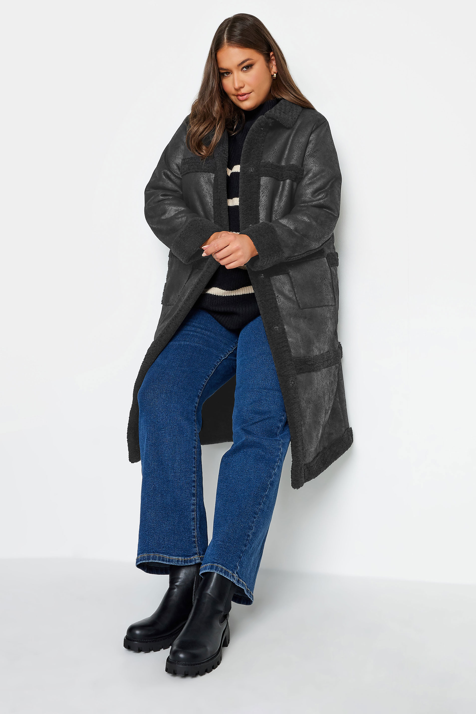 YOURS Curve Black Faux Fur PU Jacket | Yours Clothing 1