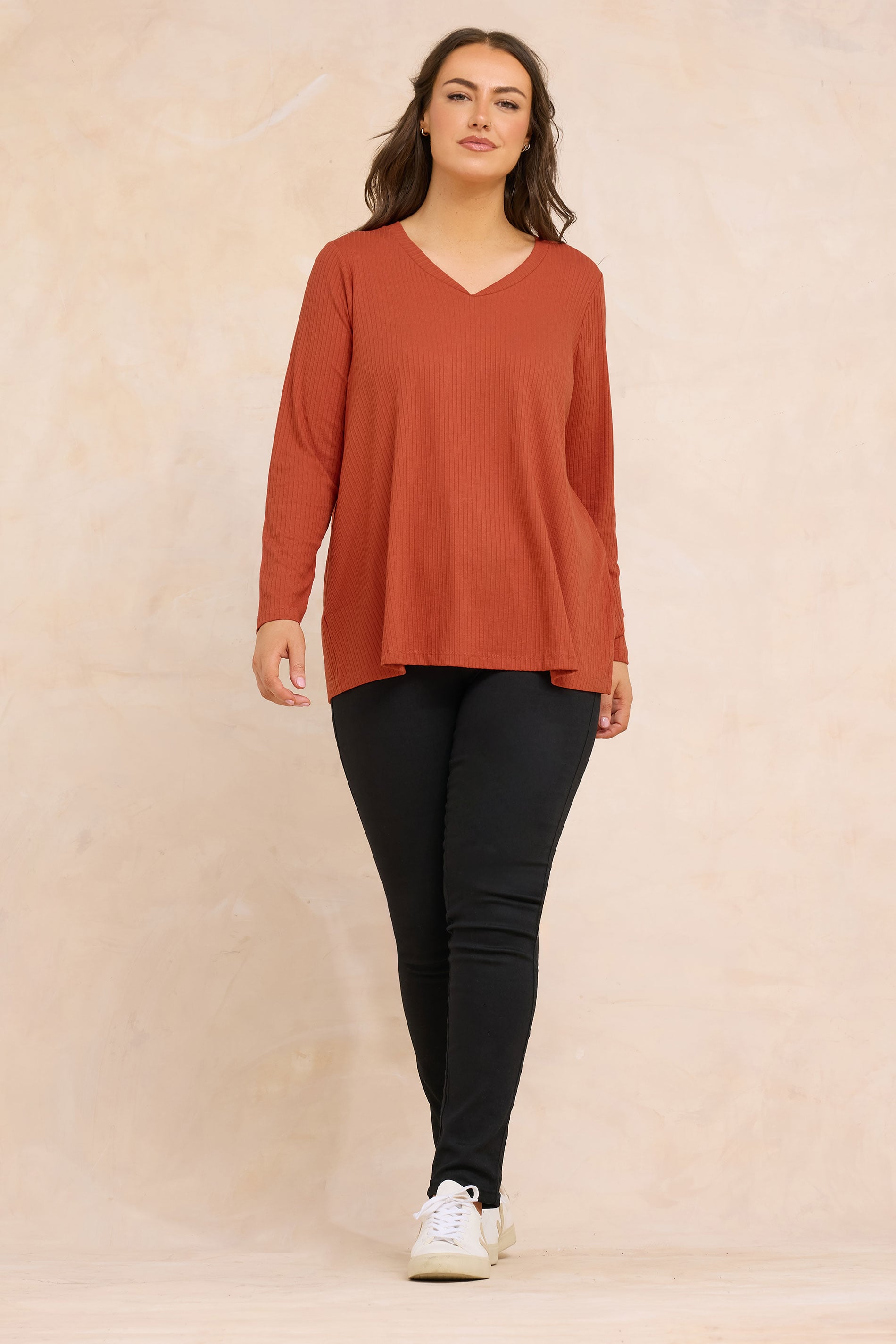 EVANS Plus Size Rust Orange Premium Ribbed Modal Blend Swing Top | Evans 1