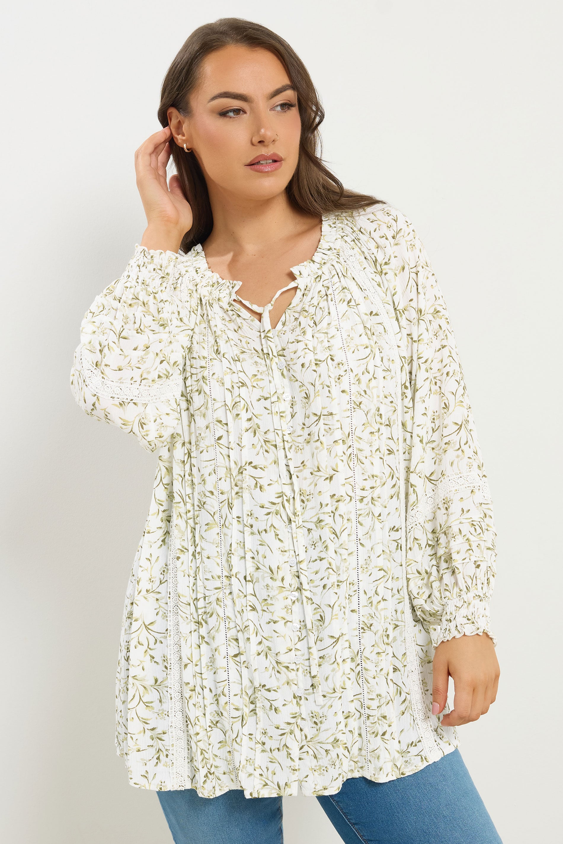 YOURS Plus Size Ivory White Leaf Print Tie Neck Top | Yours Clothing 3