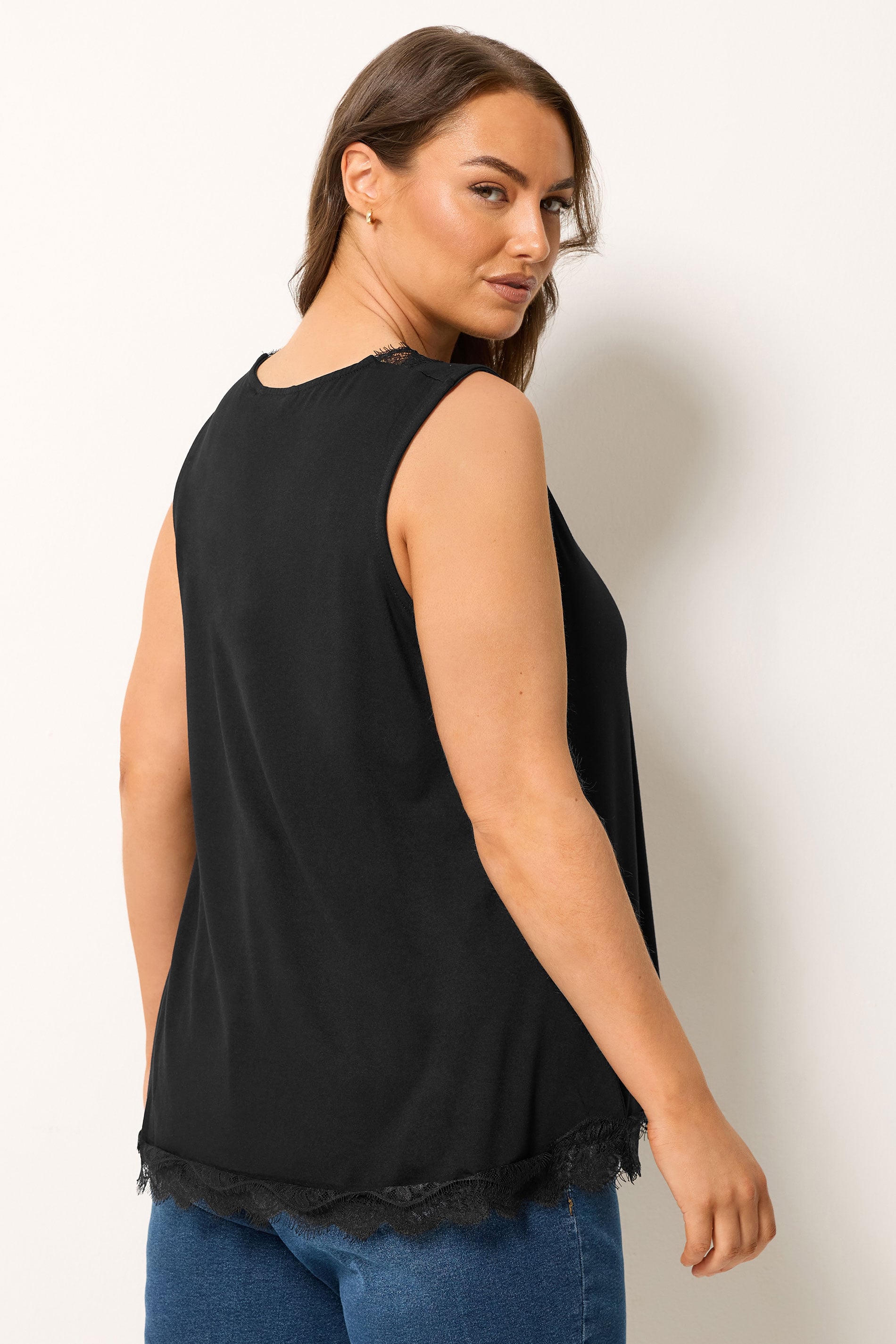 YOURS Plus Size Black Lace Trim Vest Top | Yours Clothing 2