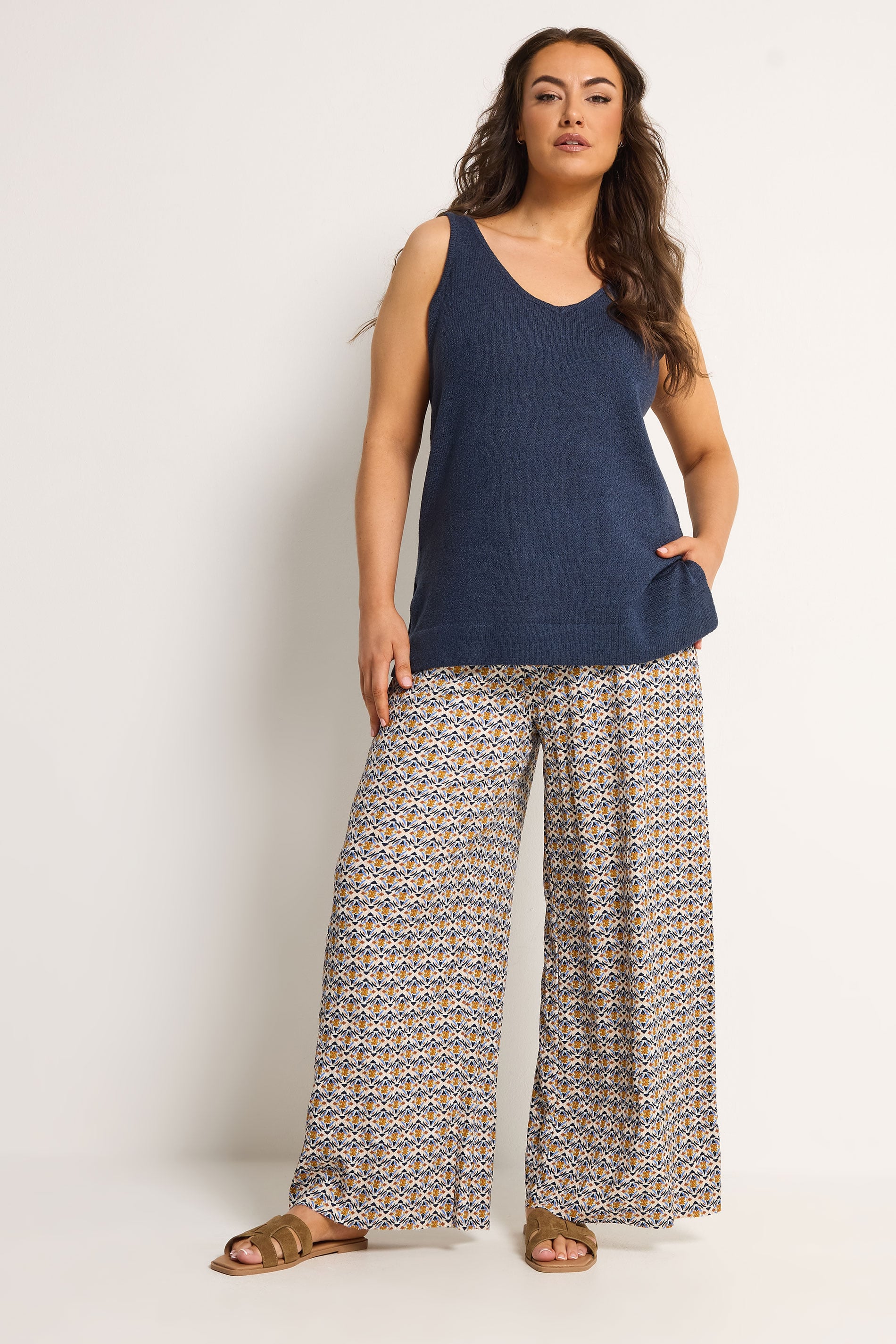 YOURS Plus Size Natural Brown Geometric Textured Wide Leg Trousers | Yours Clothing 3