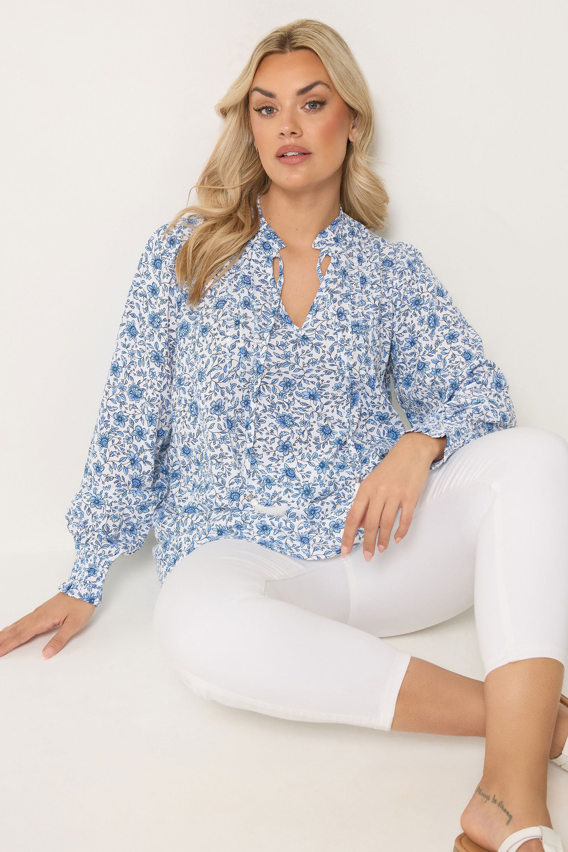 YOURS Plus Size Blue Floral Tie Neck Blouse | Yours Clothing 1