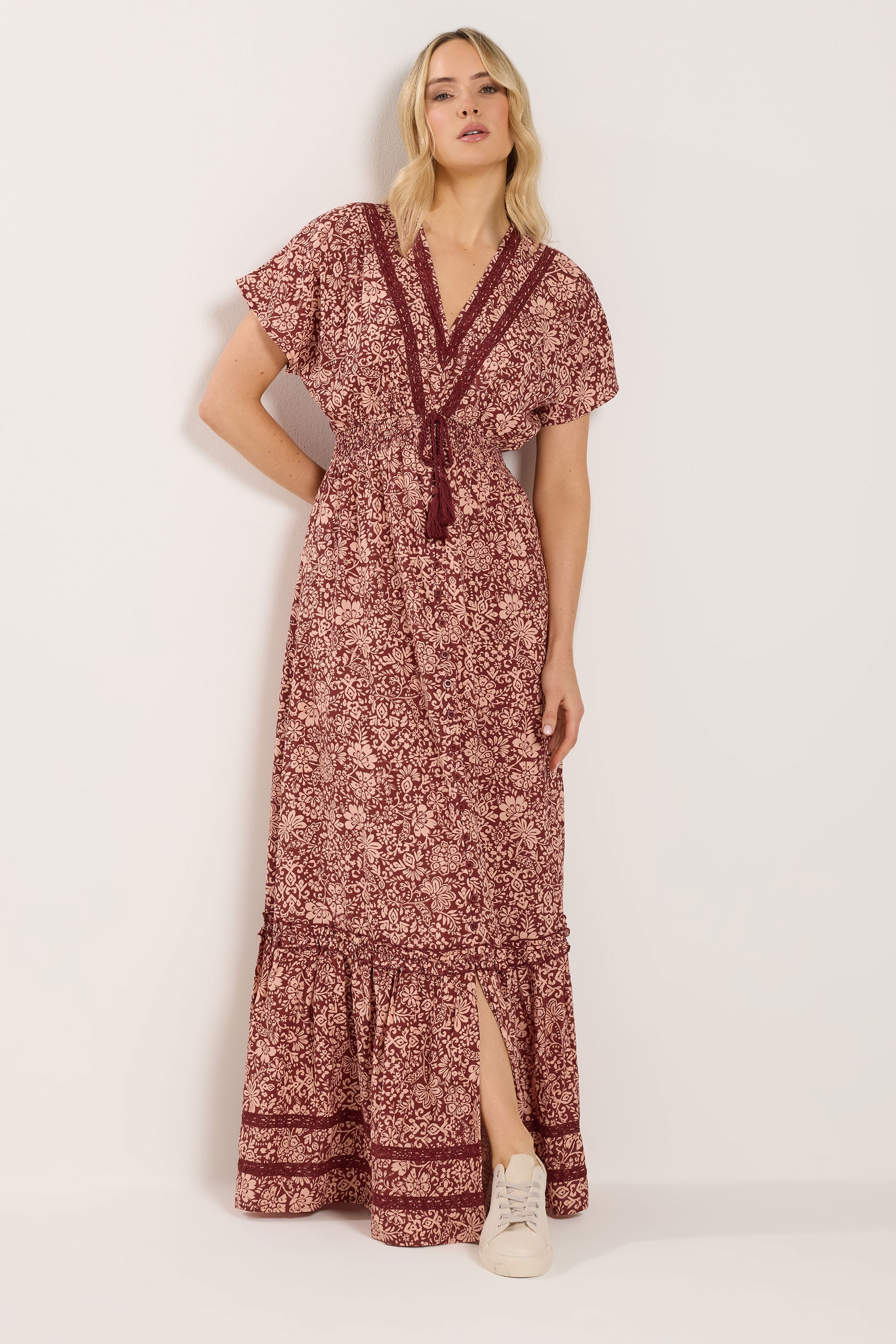 LTS Tall Women's Red & Pink Floral Textured Maxi Dress | Long Tall Sally 1