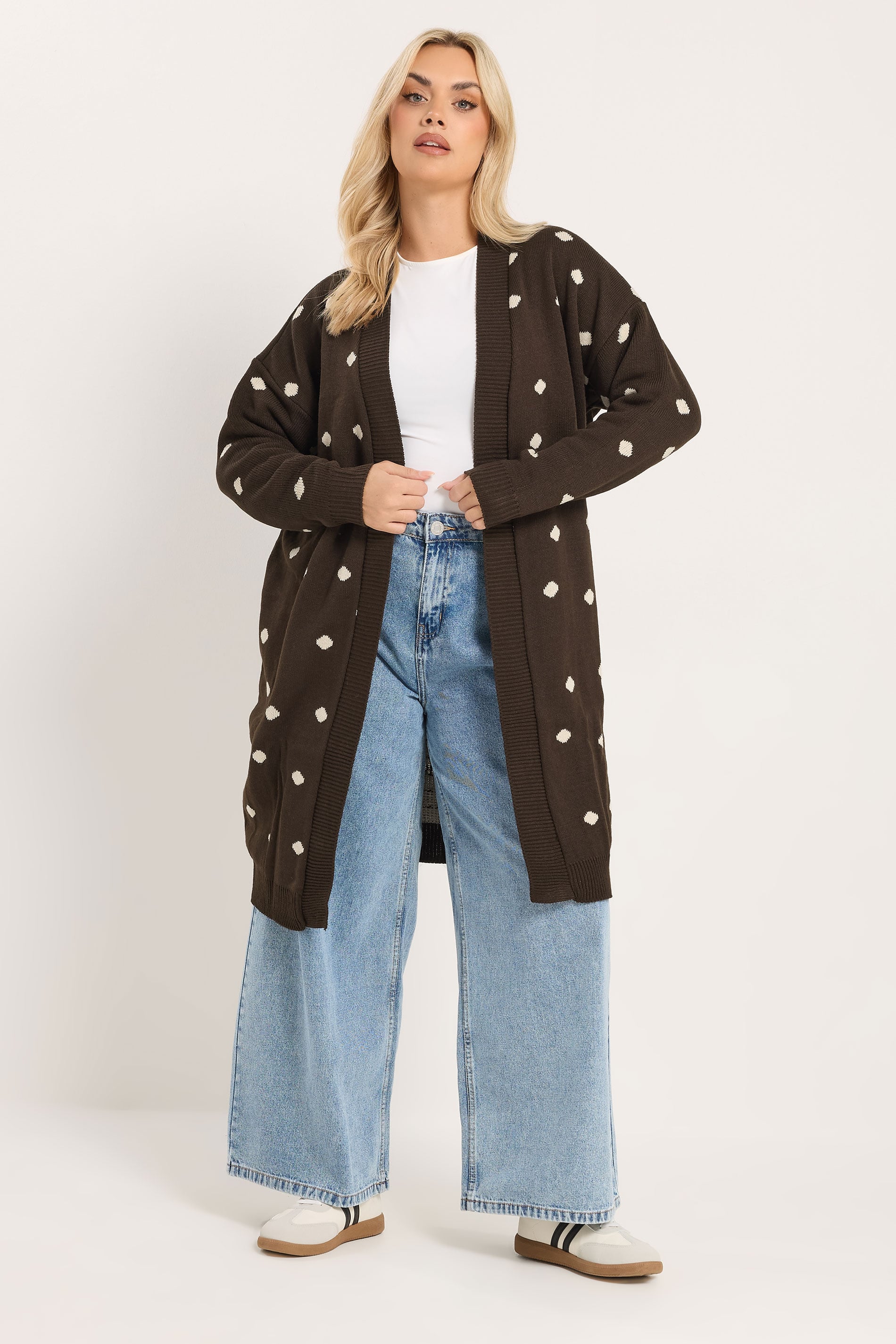 YOURS Plus Size Chocolate Brown Polka Dot Knitted Cardigan | Yours Clothing 3