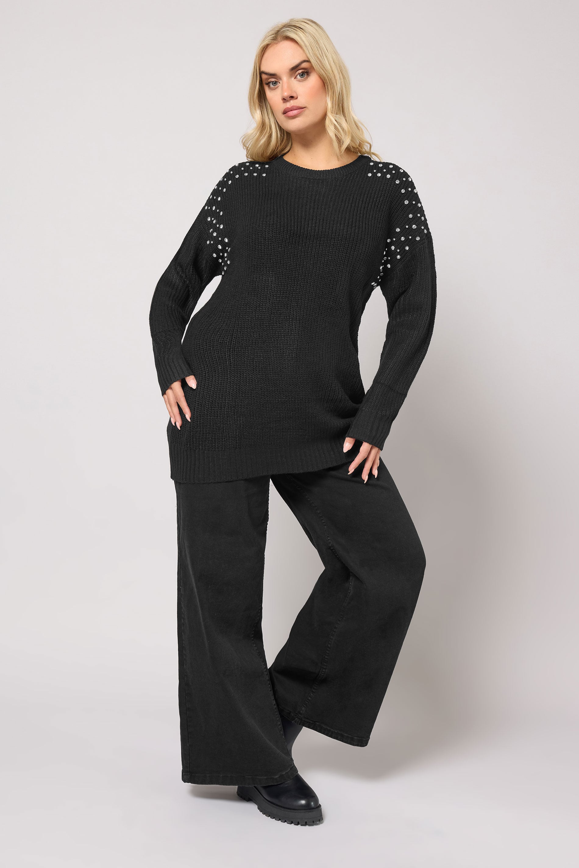 YOURS Plus Size Black Diamante Embellished Knitted Jumper | Yours Clothing 1