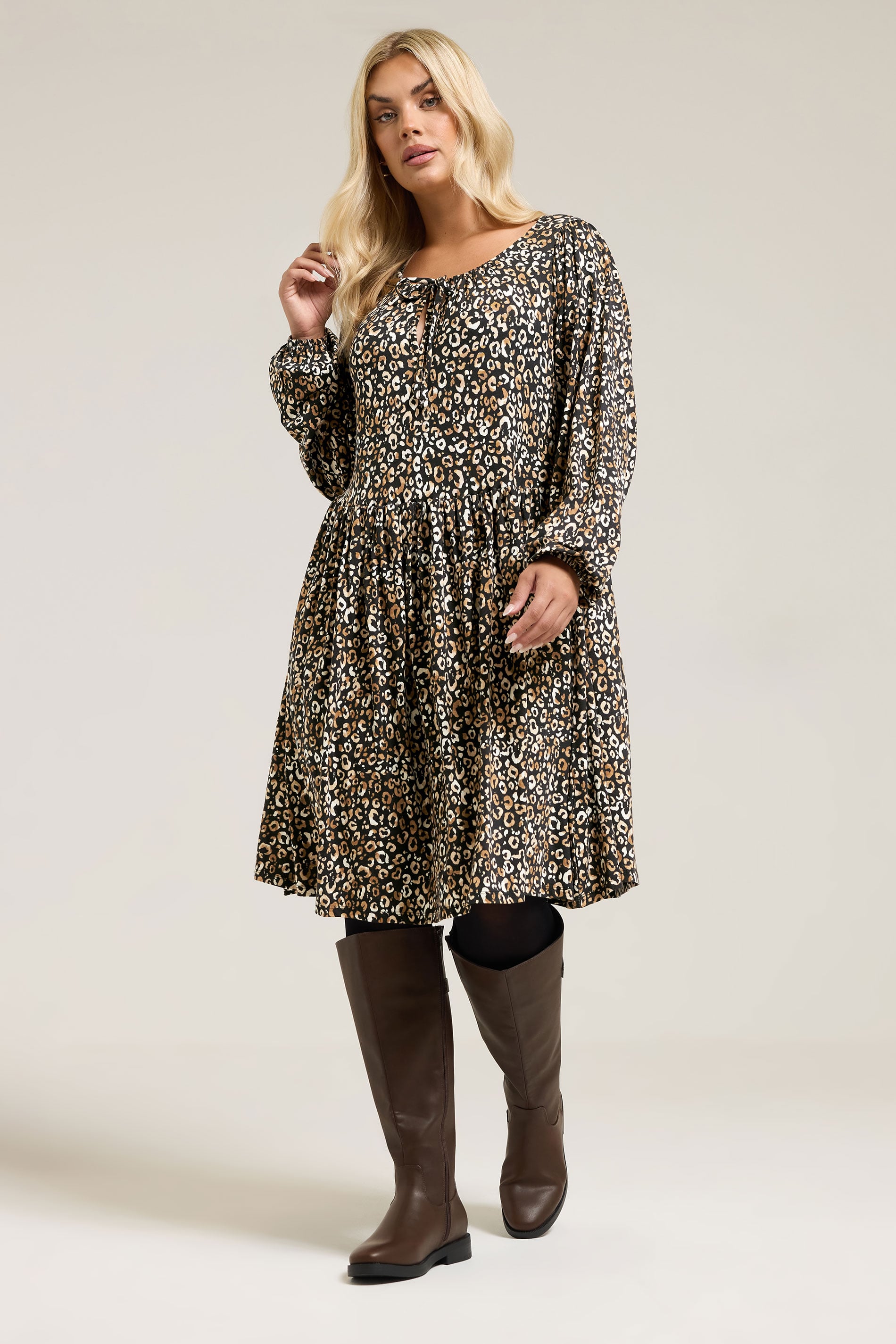 YOURS Plus Size Black Leopard Print Tie Neck Dress | Yours Clothing 1