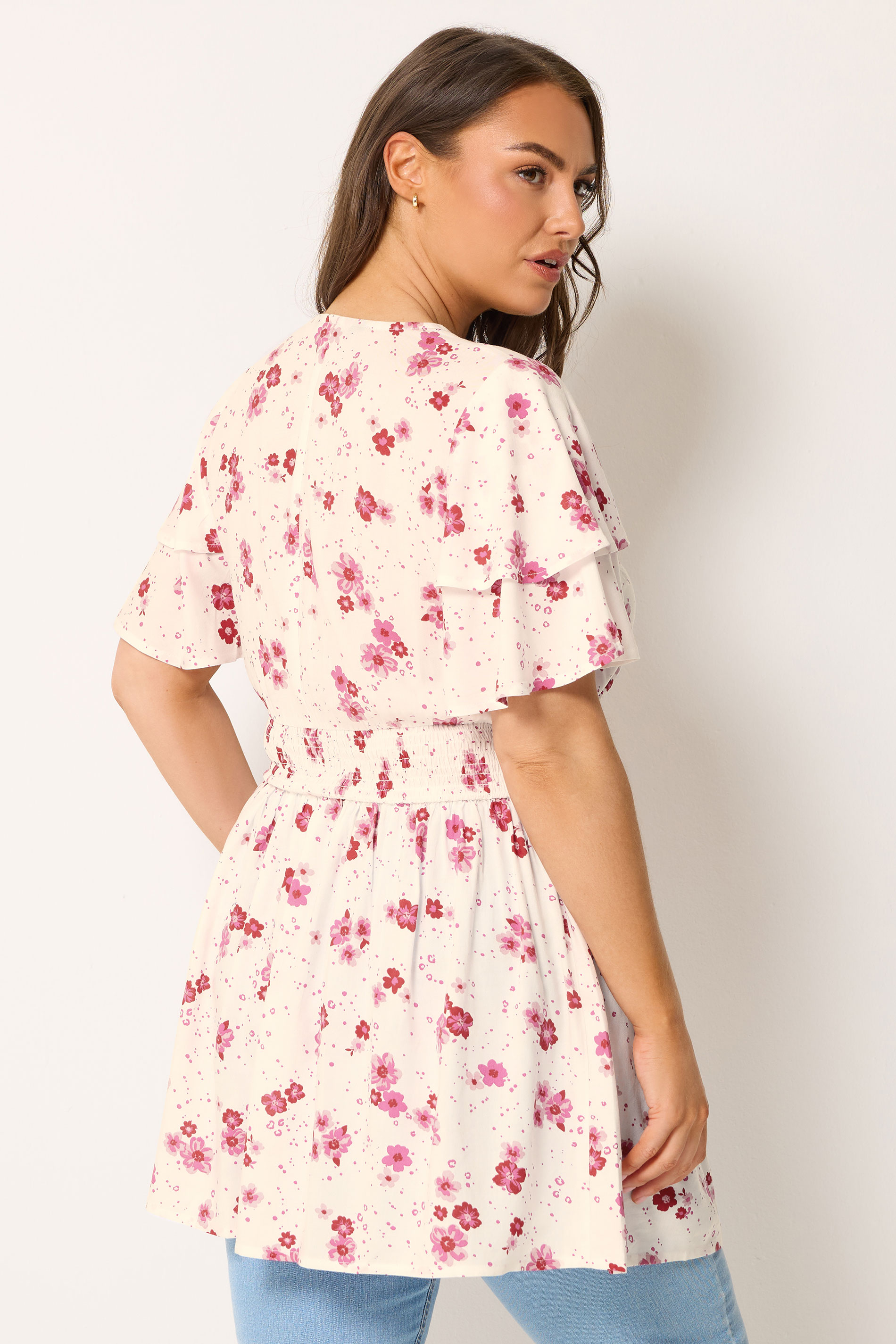YOURS Plus Size White Floral Flutter Sleeve Top | Yours Clothing 2