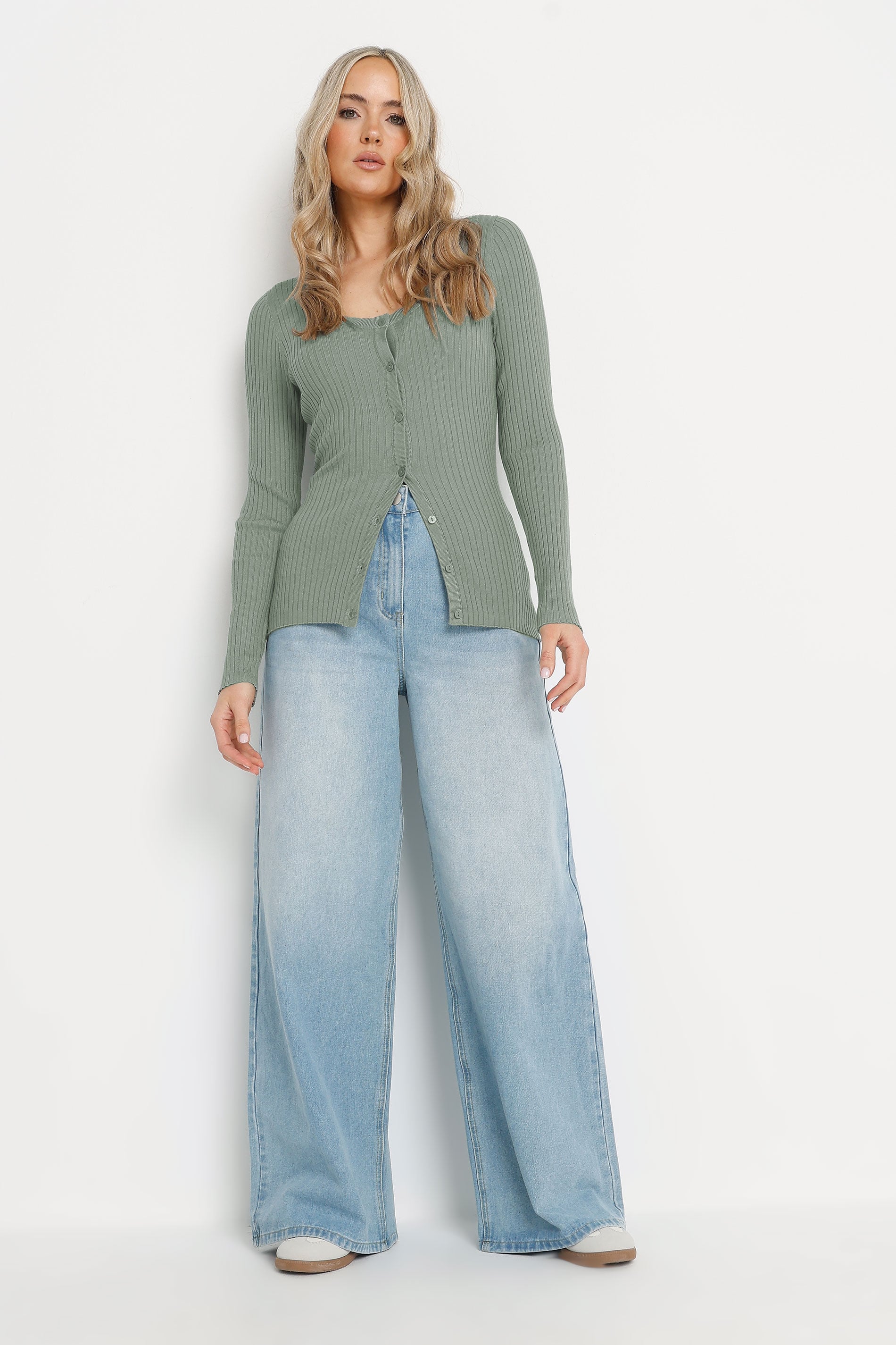 LTS Tall Sage Green Ribbed Scallop Hemline Cardigan | Long Tall Sally 1