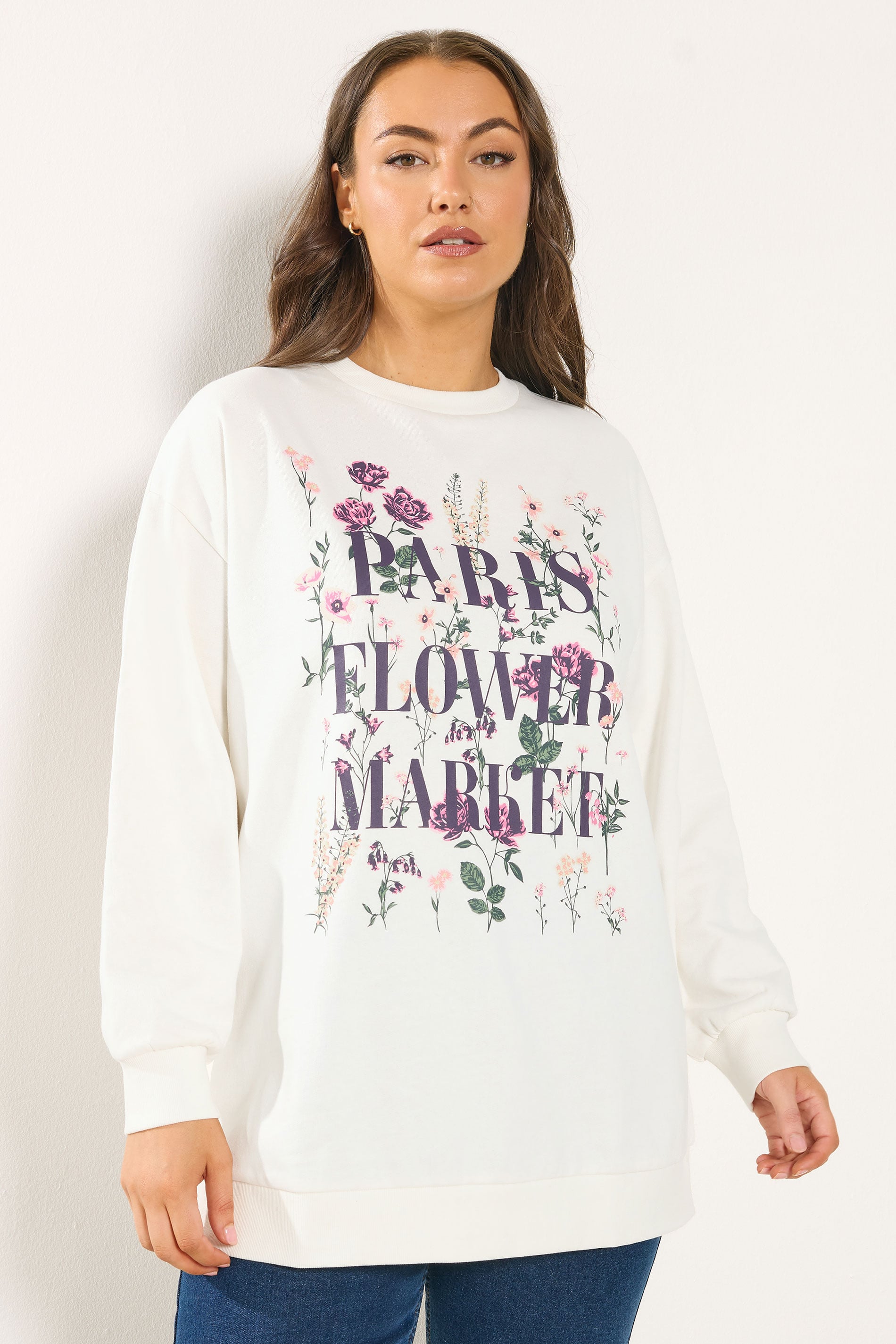 YOURS Plus Size White 'Paris Flower Market' Floral Sweatshirt | Yours Clothing 3