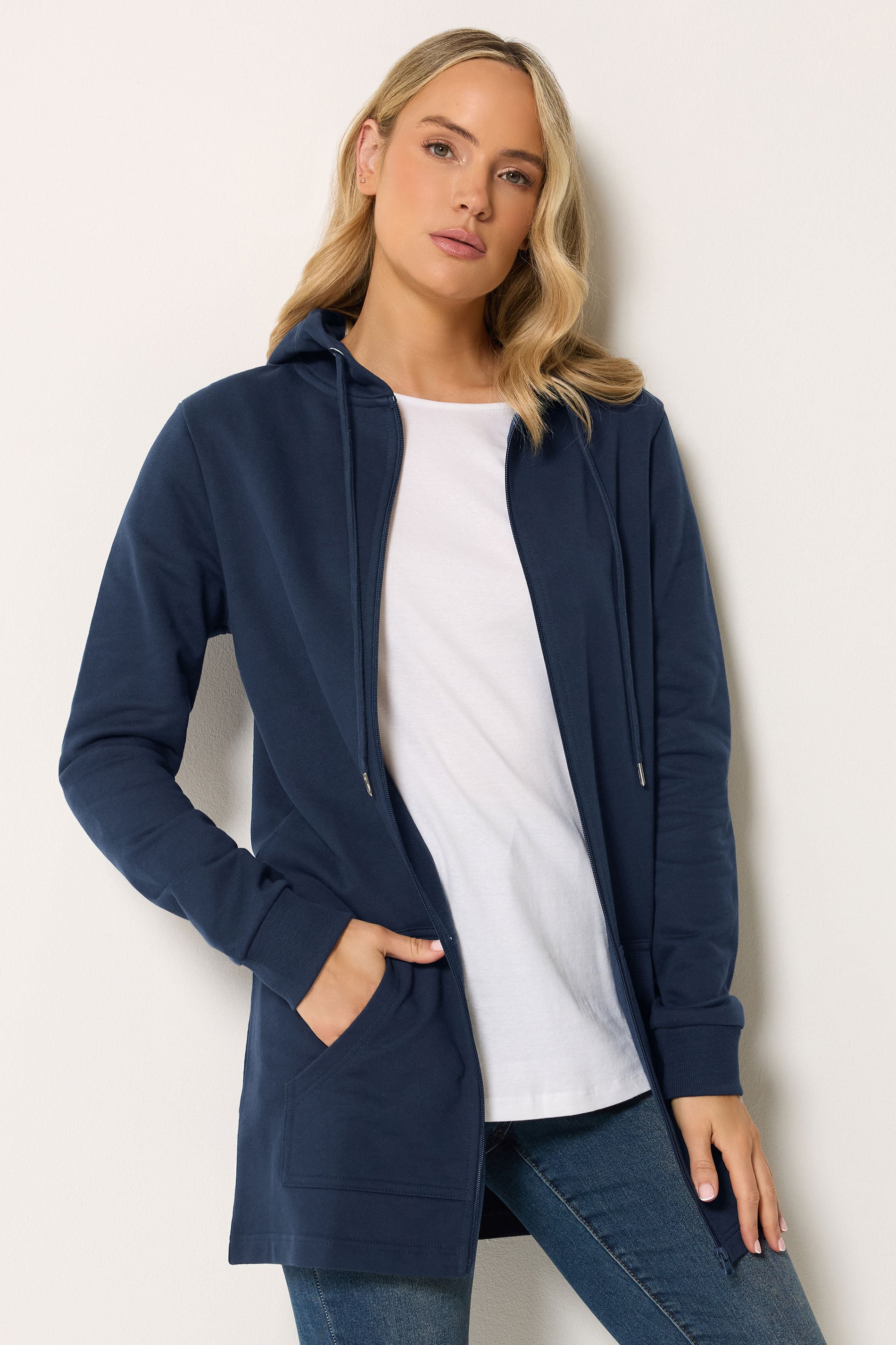 LTS Tall Women's Navy Blue Cotton Longline Zip Hoodie | Long Tall Sally 3