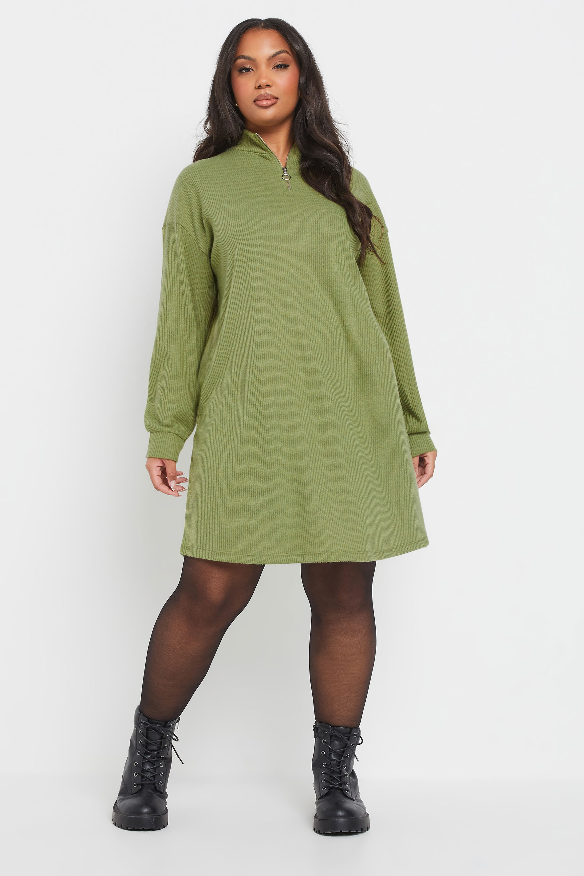 YOURS Plus Size Green Zip Neck Ribbed Jumper Dress | Yours Clothing 1