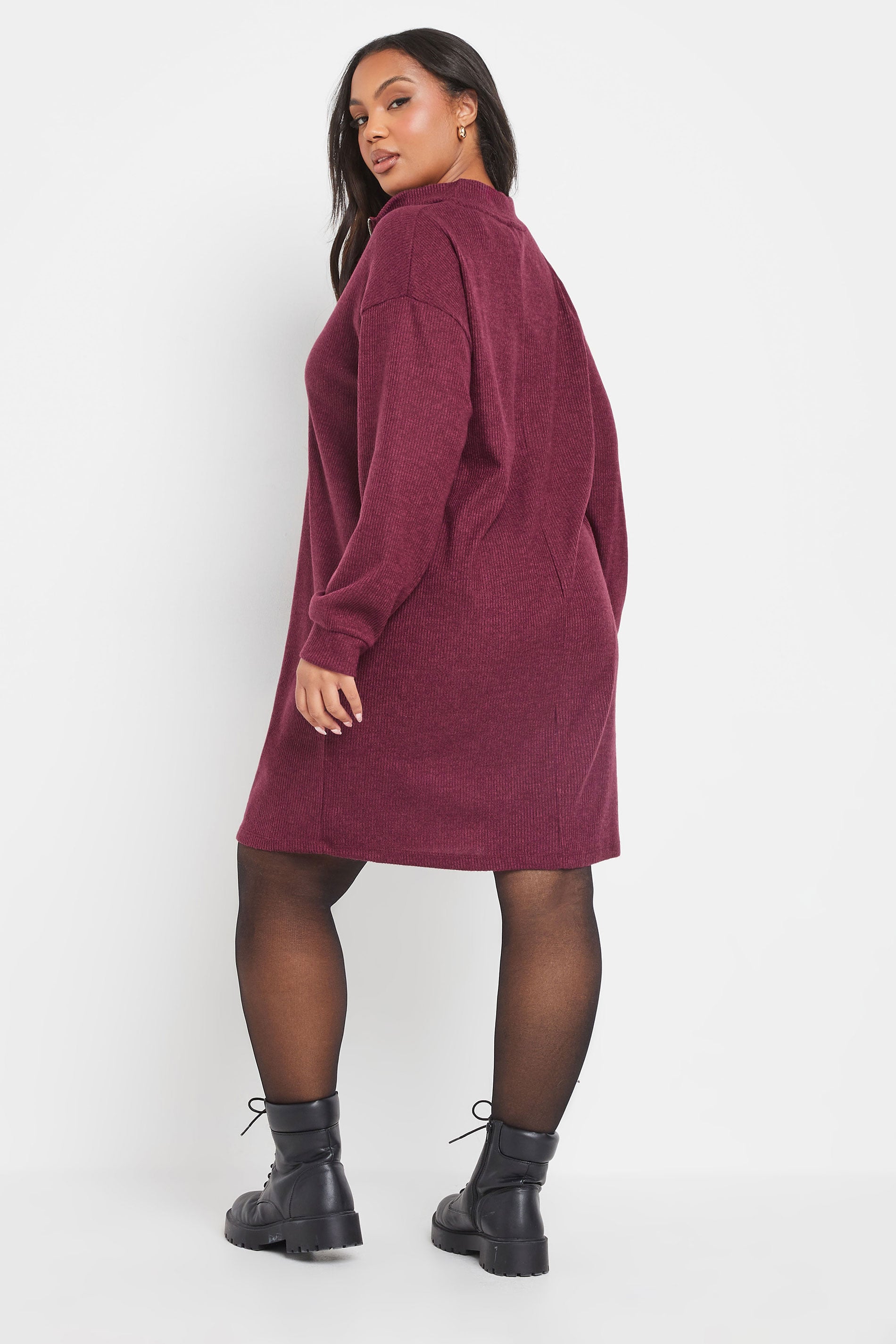 YOURS Plus Size Dark Pink Zip Neck Ribbed Jumper Dress | Yours Clothing 2