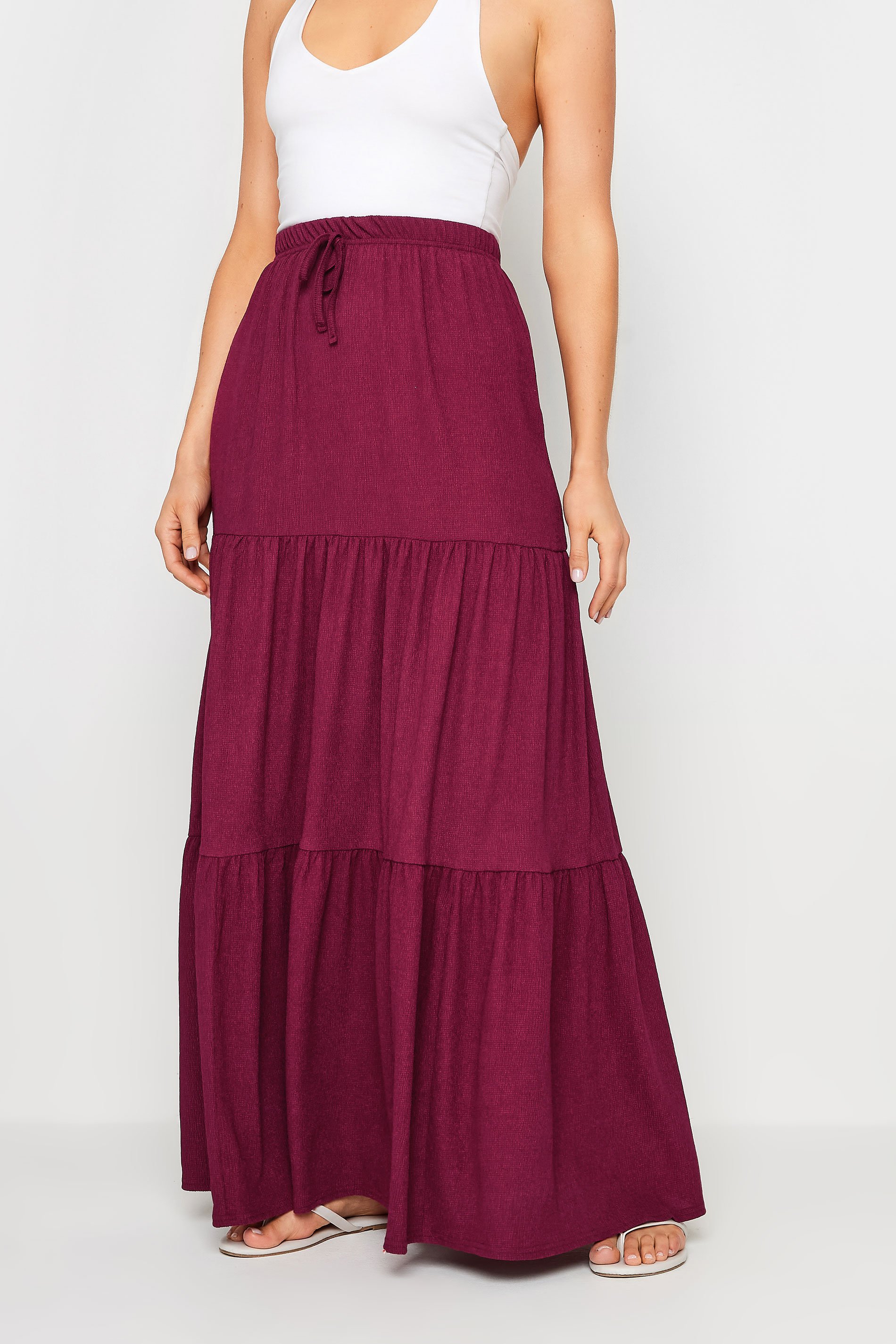 LTS Tall Women's Burgundy Red Tiered Crinkle Maxi Skirt | Long Tall Sally 2