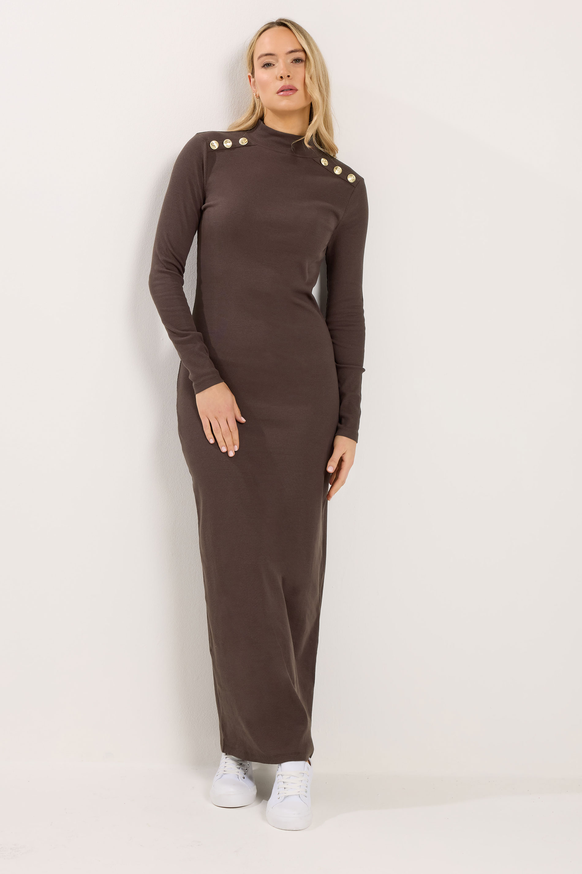 LTS Tall Women's Brown Ribbed Shoulder Button Maxi Dress | Long Tall Sally 1