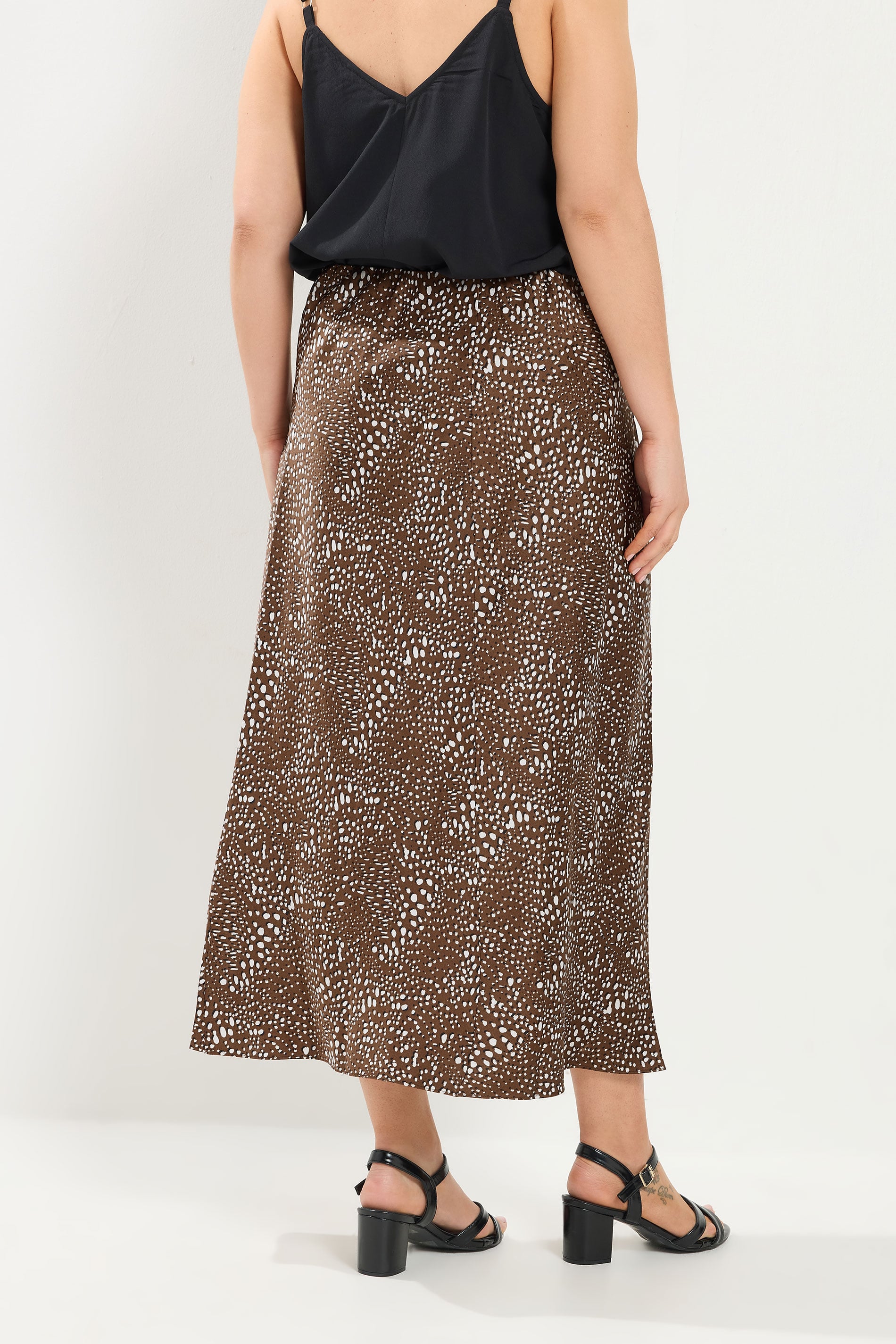 YOURS Plus Size Chocolate Brown Deer Print Satin Skirt | Yours Clothing 2