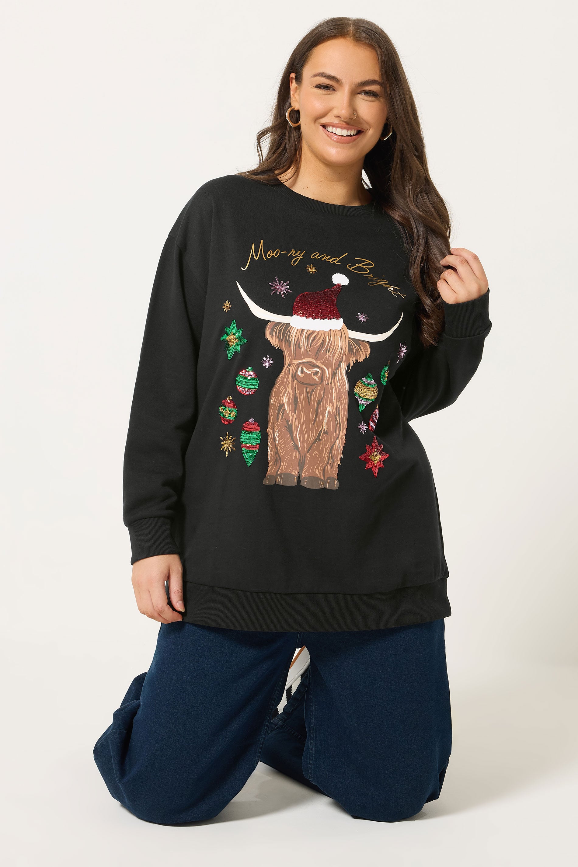YOURS Plus Size Black Highland Cow Sequin Embellished Novelty Christmas Sweatshirt | Yours Clothing 3