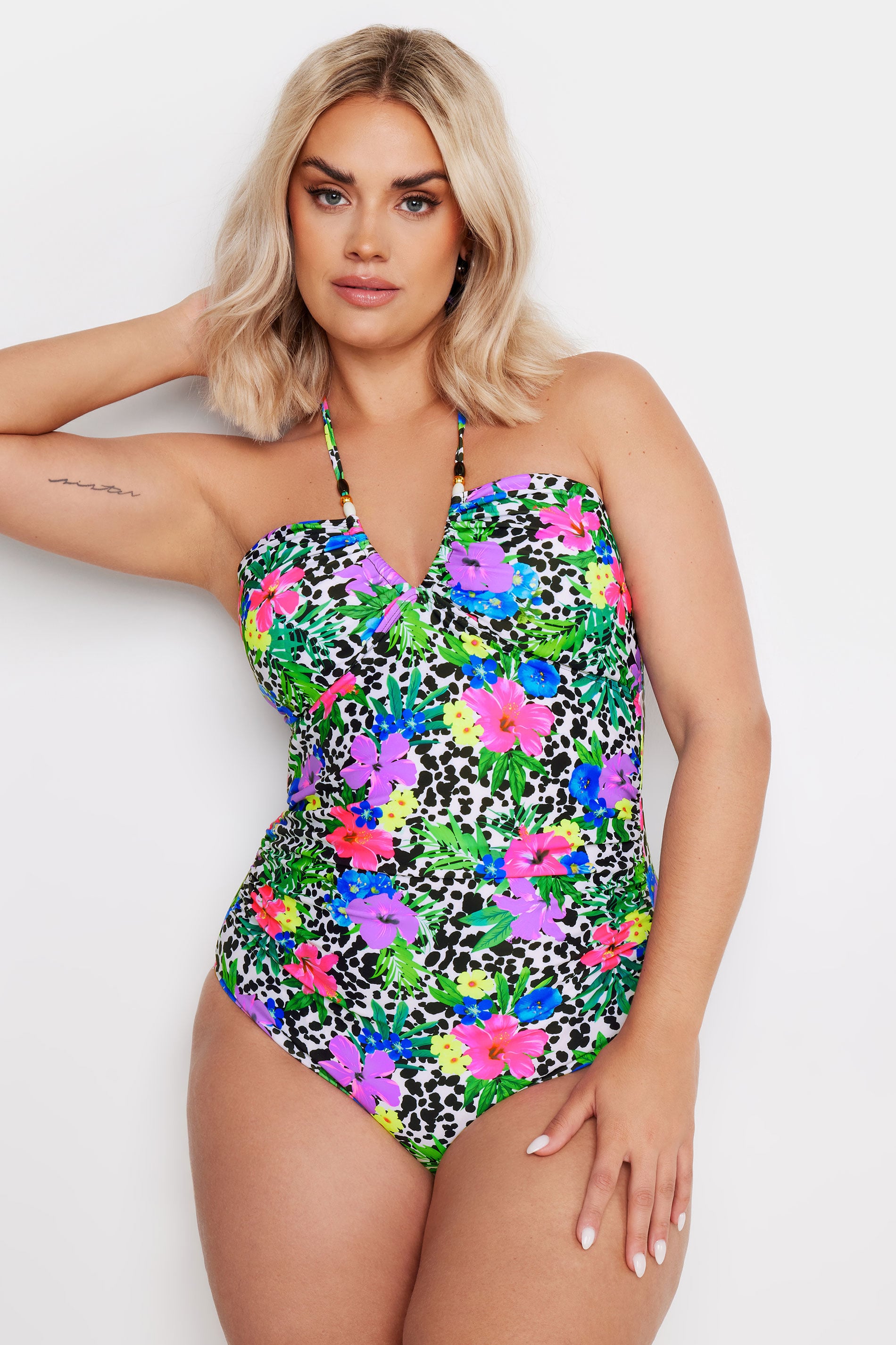 YOURS Plus Size White Floral Dalmatian Print Halter Neck Swimsuit | Yours Clothing 7
