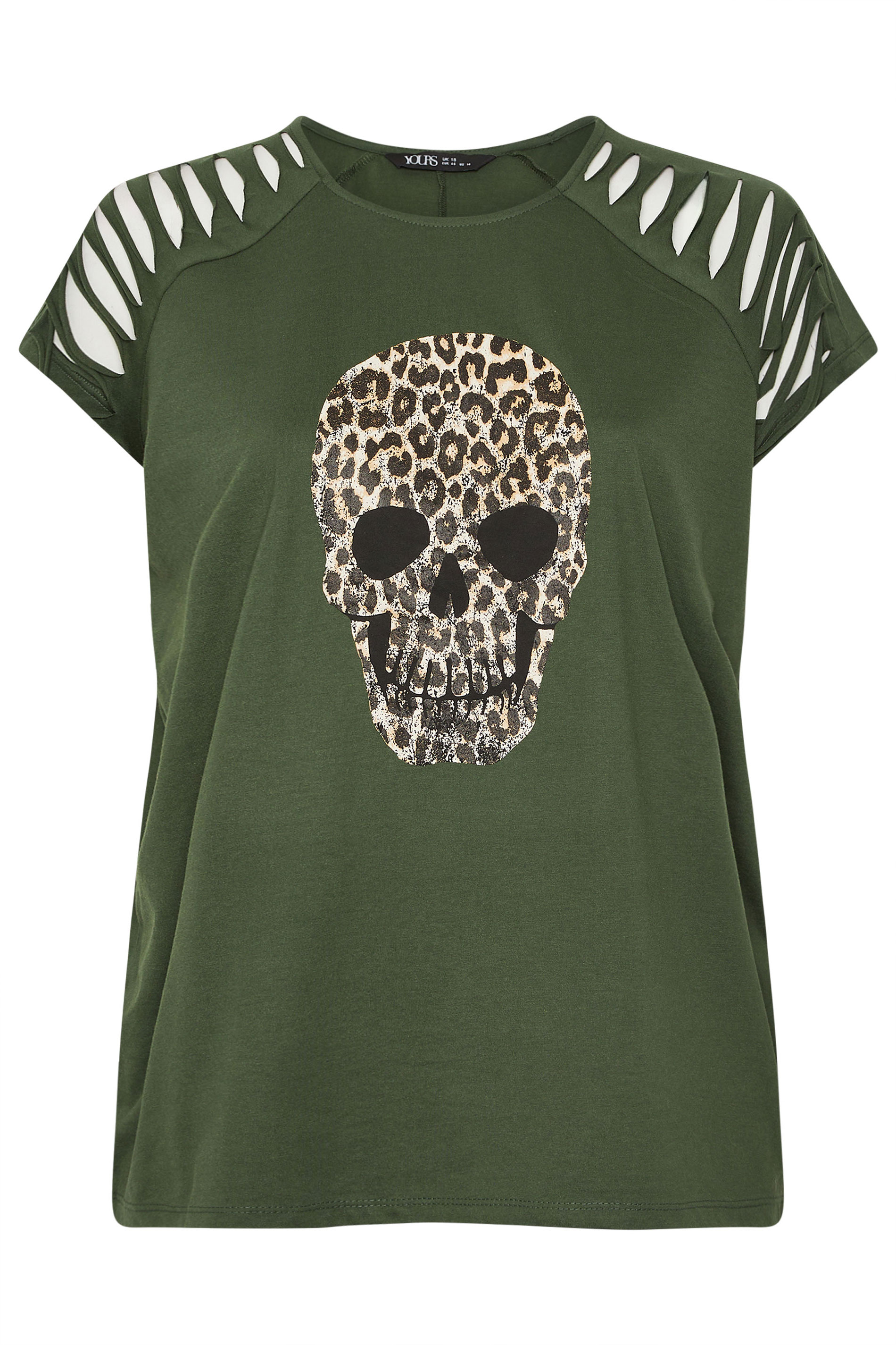 YOURS Plus Size Khaki Green Skull Leopard Cut Out Top | Yours Clothing 5