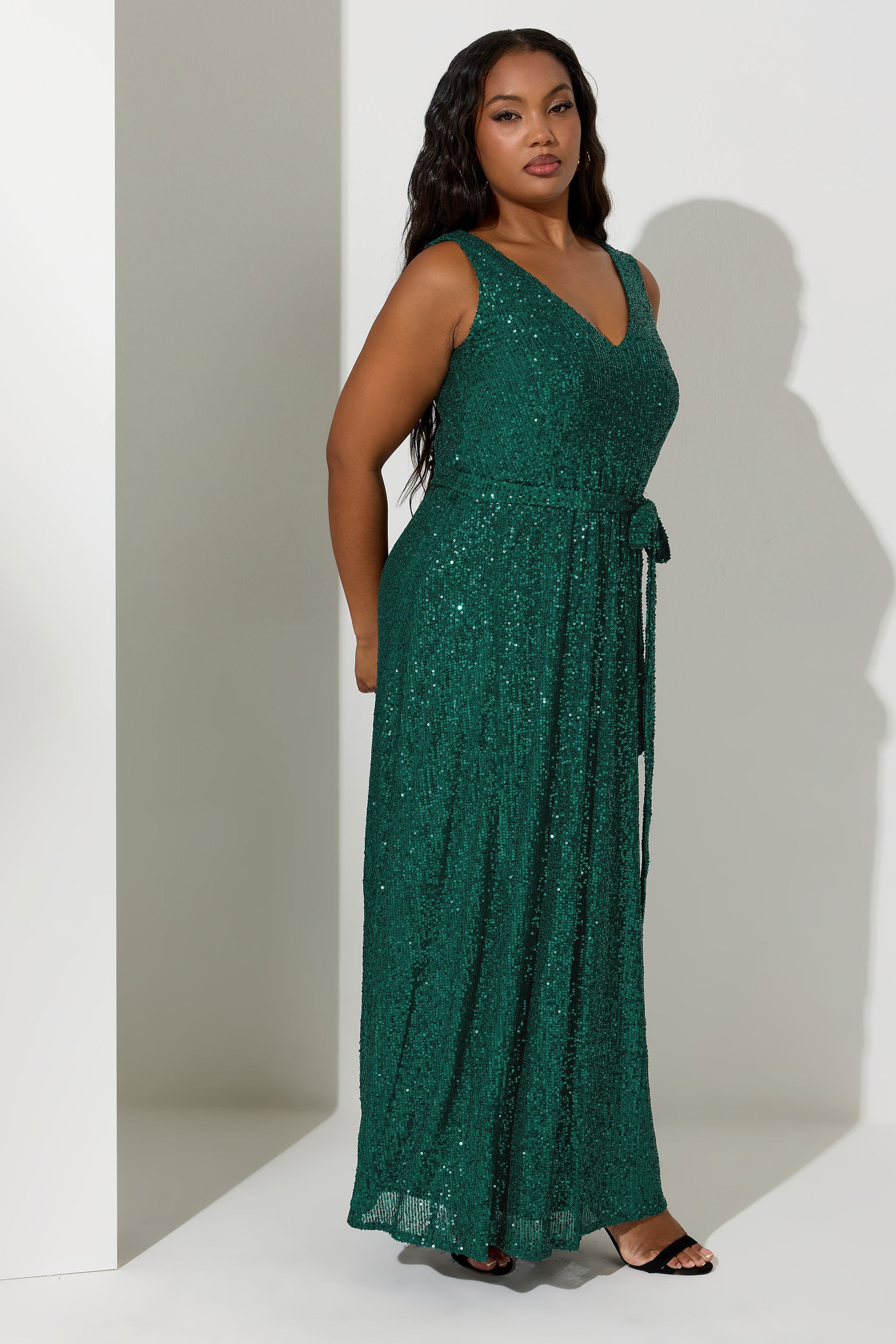 YOURS LONDON Plus Size Green Sequin V-Neck Maxi Dress | Yours Clothing 3