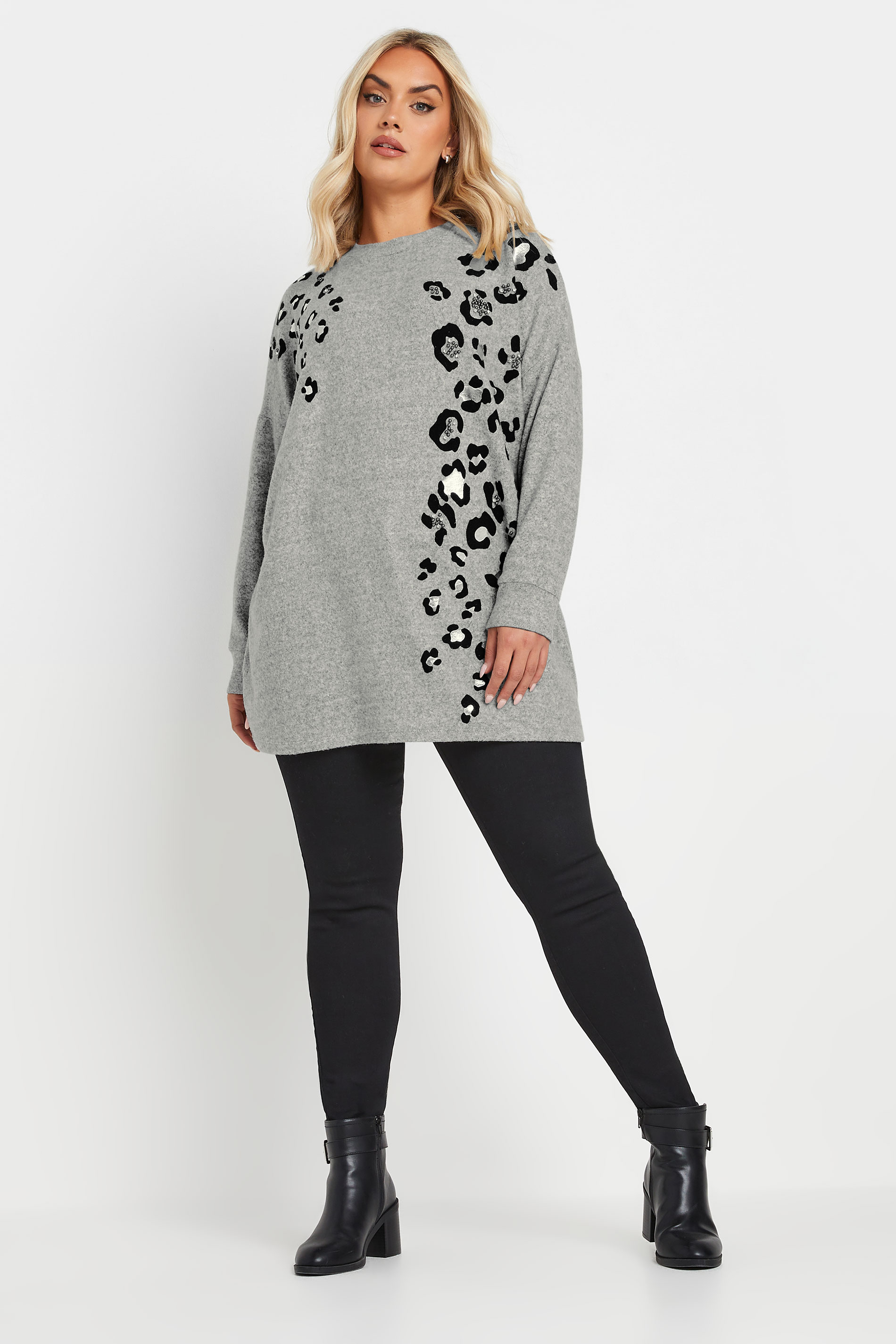 YOURS Plus Size Grey Soft Touch Leopard Print Jumper | Yours Clothing 1