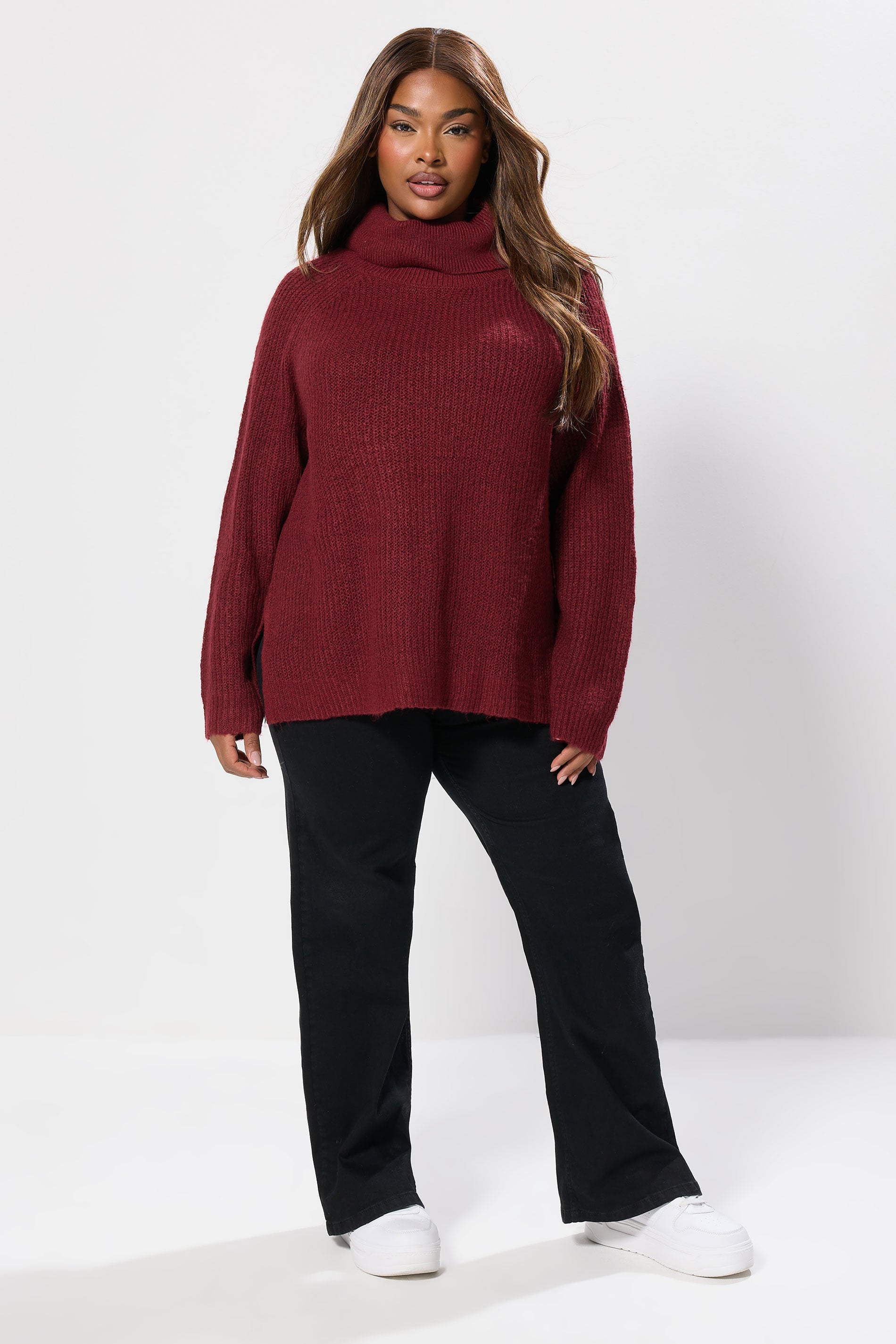 YOURS Plus Size Burgundy Red Roll Neck Knitted Jumper | Yours Clothing 1
