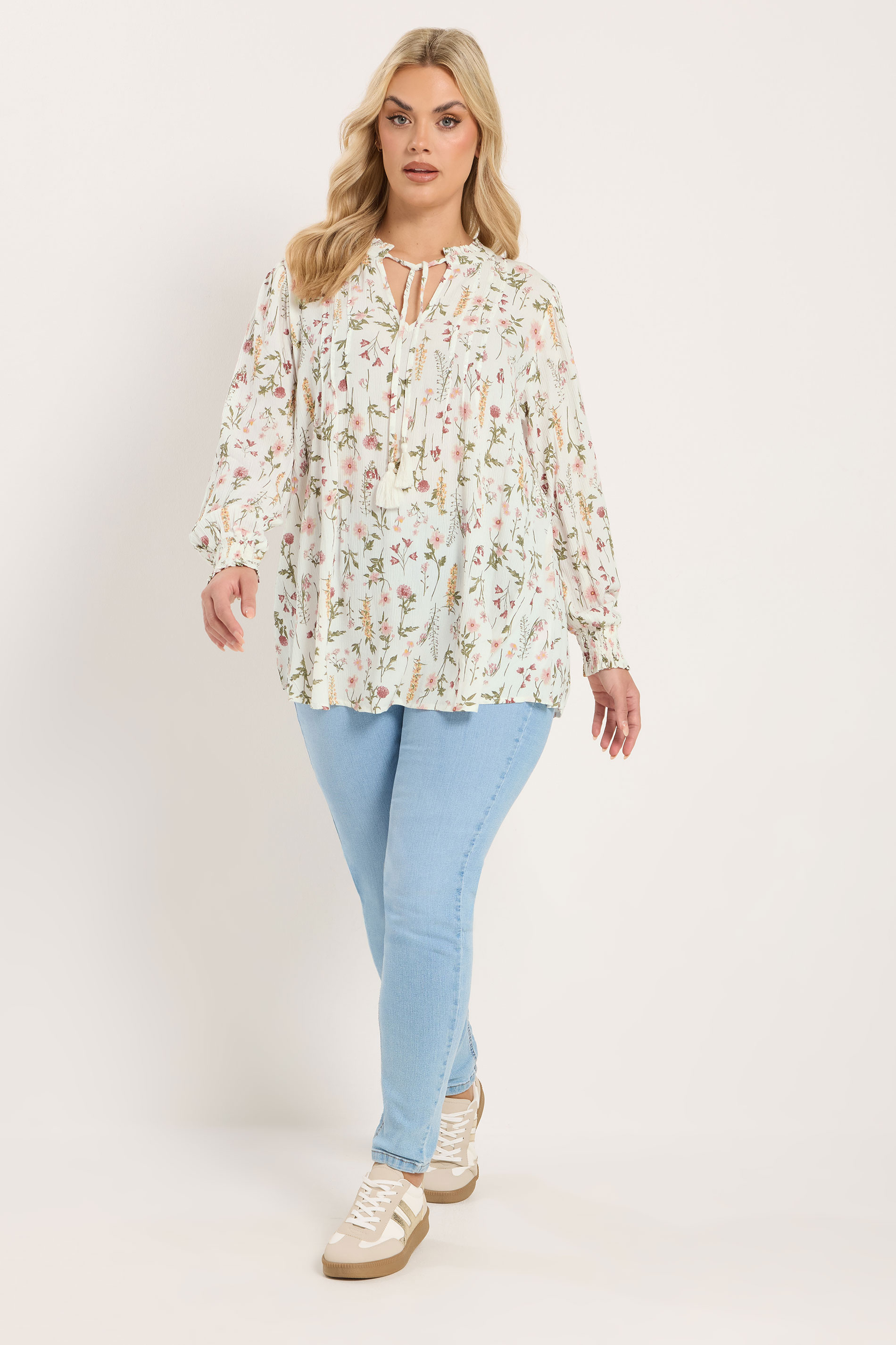 YOURS Plus Size Ivory White Floral Sequin Embellished Tie Neck Blouse 2