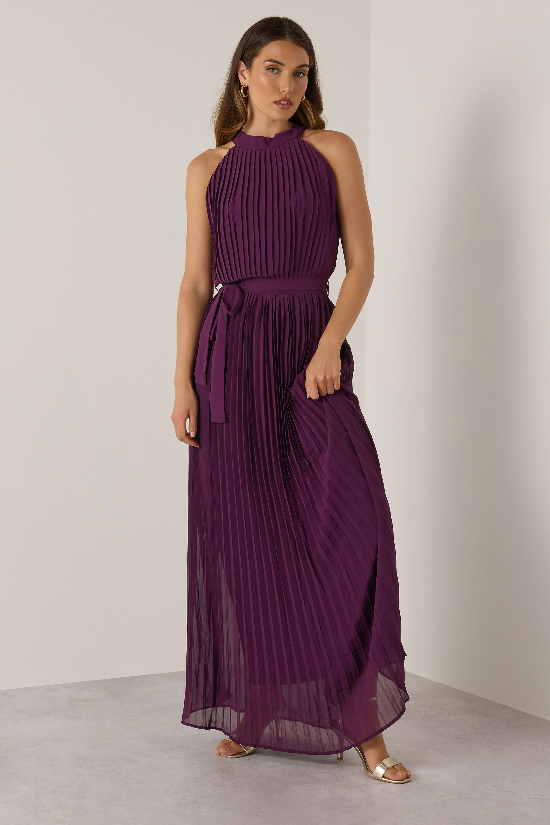 LTS Tall Burgundy Red Halterneck Pleated Maxi Dress | Long Tall Sally 1