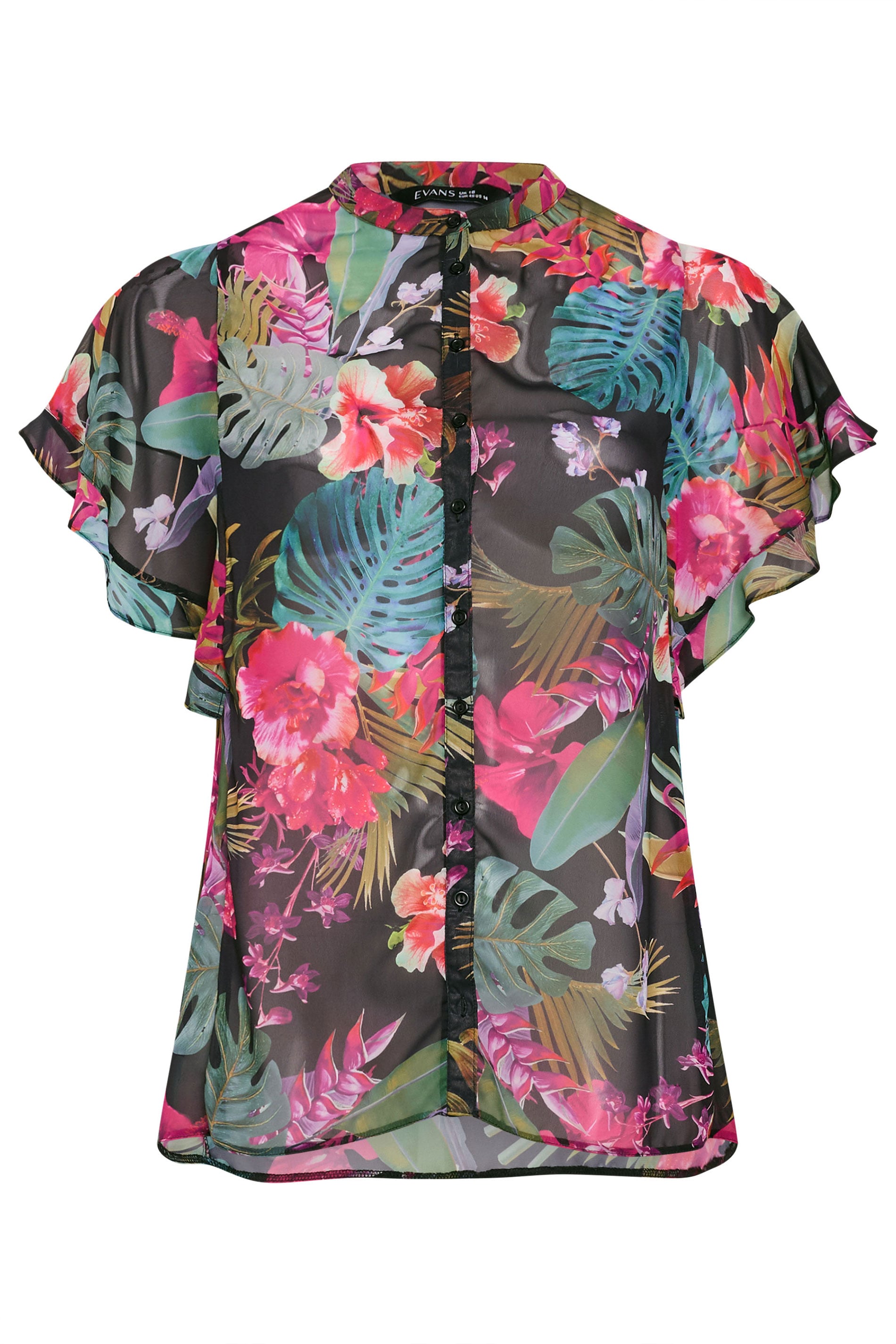 EVANS Curve Black Tropical Frill Sleeve Blouse | Evans 5